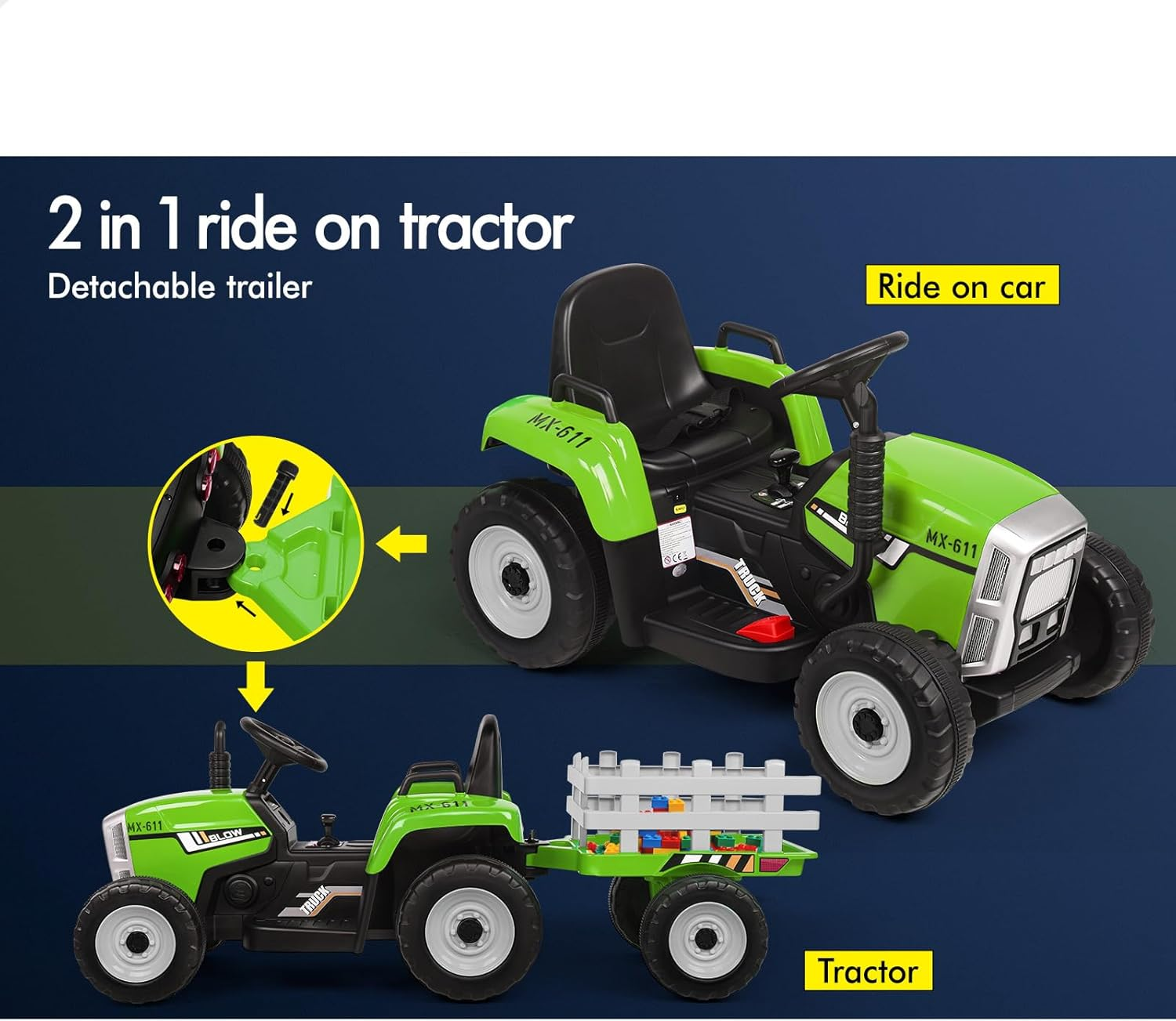 ALFORDSON Kids Ride on Car Tractor 12V Eletric Dual Motor, Car with Music Player & 7 Brilliant LED Headlights, Ride-On Design SUV Toy Vehicle for Toddler, Green - Blue image number 5