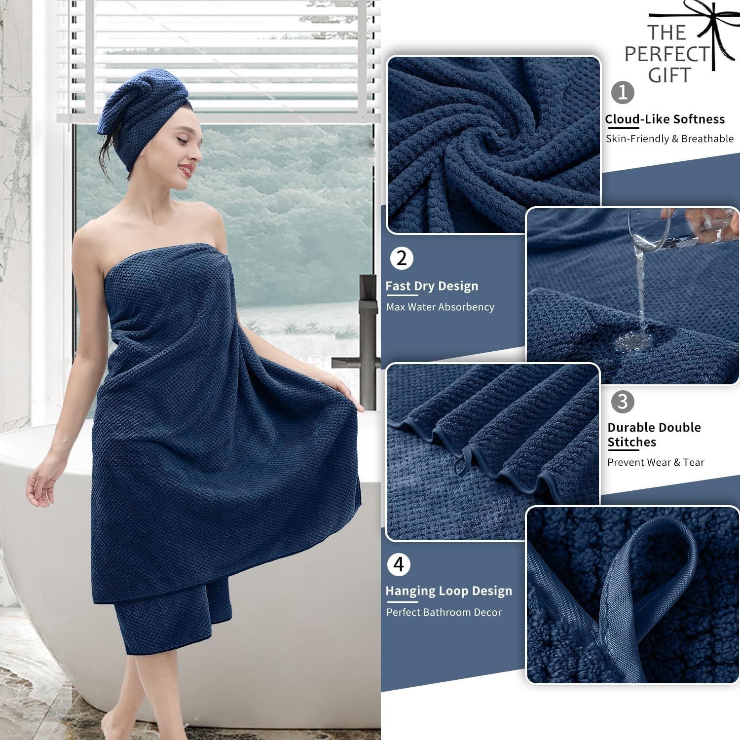 8 Piece Bathroom Towel Set Navy Blue |2 Oversized Large Bath Towels Sheet,2 Hand Towels and 4 Washcloths| 600GSM Ultra Soft Luxury Premium Towel Set Highly Absorbent Quick Dry Hotel Towel Collection image number 2