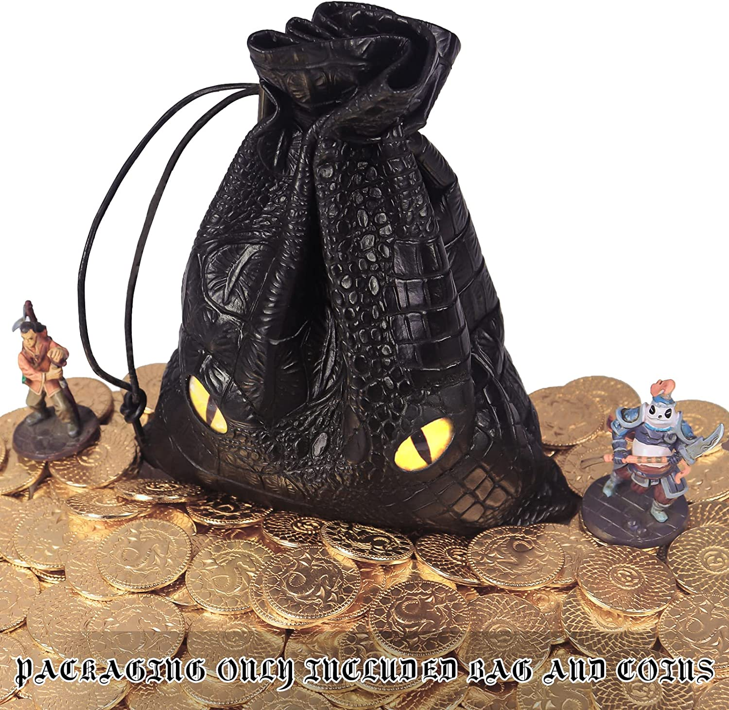 50 PCS Metal DND Coins with PU Leather Bag, Fantasy Gold Coins for Board Games, Game Tokens for Tabletop RPG Games, Black Dragon Bag D and D Coins Collection, Mid-Century Retro Gaming Accessories image number 1