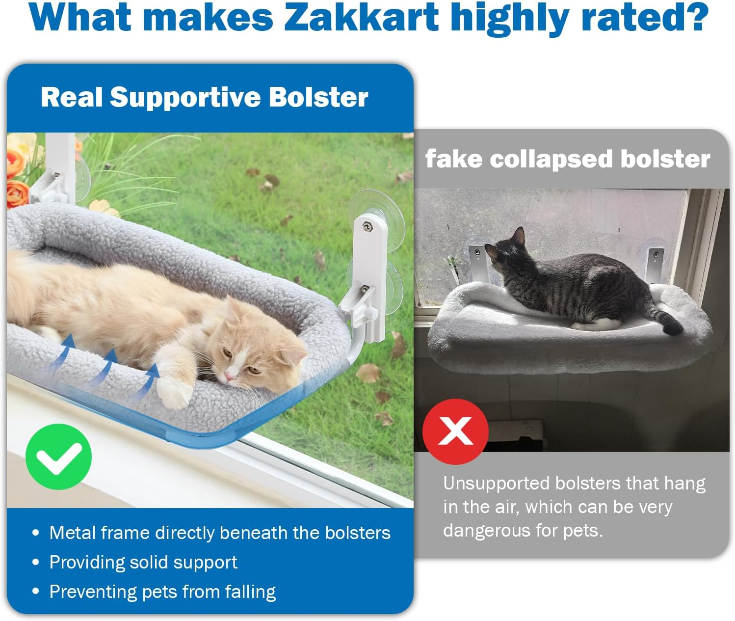 Zakkart Foldable Cat Hammock for Window - Cordless, Embeded Machine Washable Bed, Robust Metal Frame - Cat Window Perch for Large Cats and Kittens (Gray Bolster Bed, Medium) image number 3