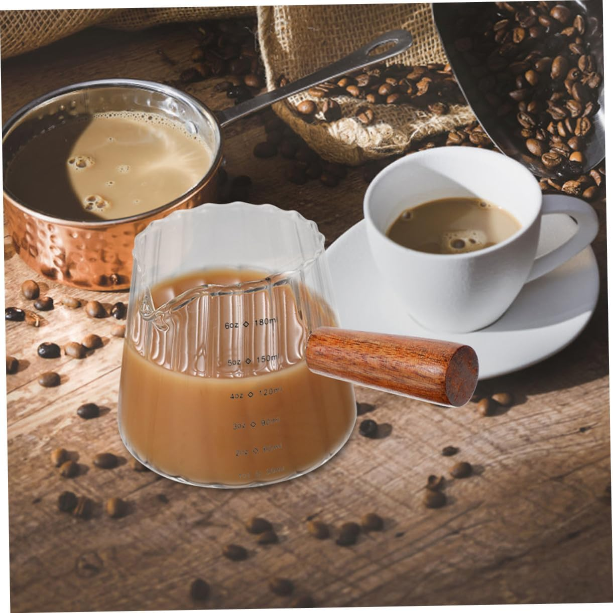 TOYZFRIENDY Glass Milk Pitcher and Frothing Cup with Wooden Handle, Heat-Resistant Multi-Function Measuring Syrup and Coffee Glass Set (2Pcs) for Home and Espresso Brewing image number 6
