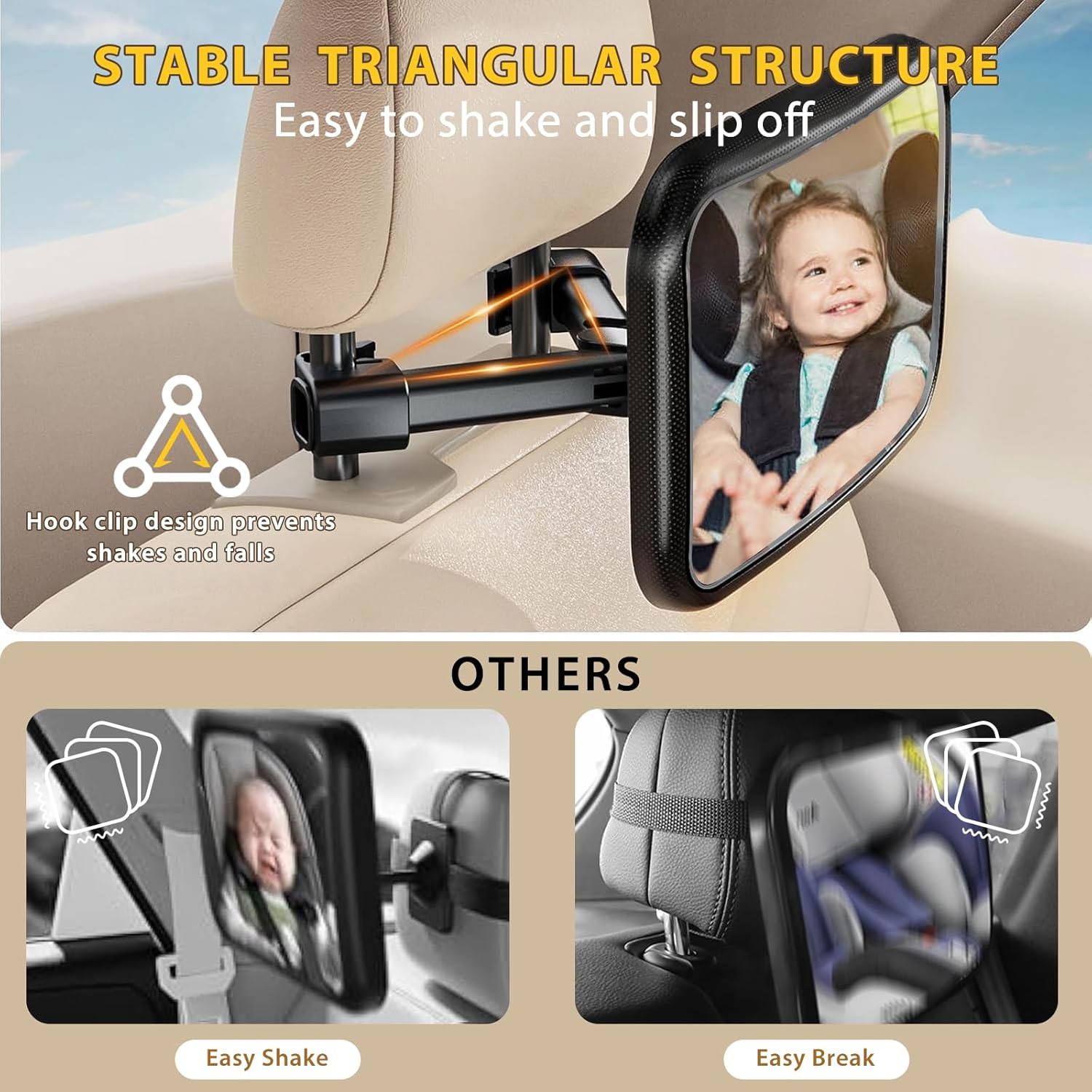 Baby Car Mirror with Night Light, Safety Shatterproof Car Seat Mirror for Child, Hook Clip Design Never Shake, Wide Clear View & 360&deg; Rotation Adjustable Car Mirror, New Born Baby Essentials image number 5
