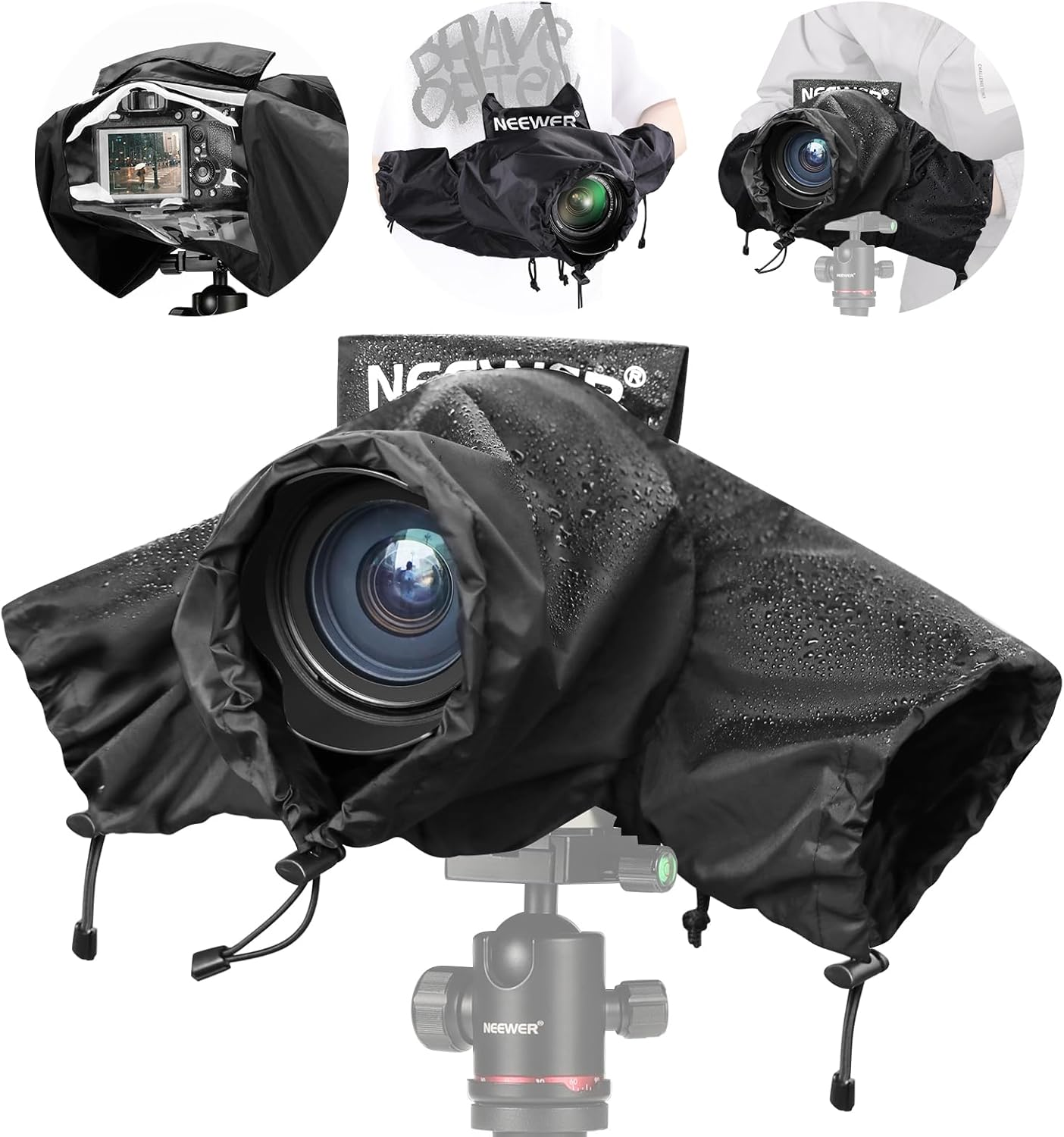NEEWER Camera Rain Cover, Small Size Durable Nylon Raincoat Compatible with Sony A7 A9 Canon 7D 5D Nikon D750 D850 Cameras and Lenses within ⌀200Mm, with Sleeves, Drawstrings, Viewing Window, PB003 image number 3