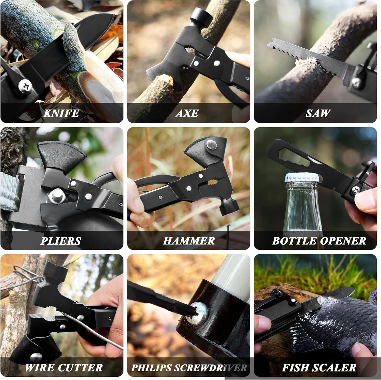 14-In-1 Multi-Tool Survival Camping Accessories with Axe Hammer,Bottle Opener for Hunting Hiking Fishing,Tool Gifts for Men, Dad, Husband and Outdoor image number 2