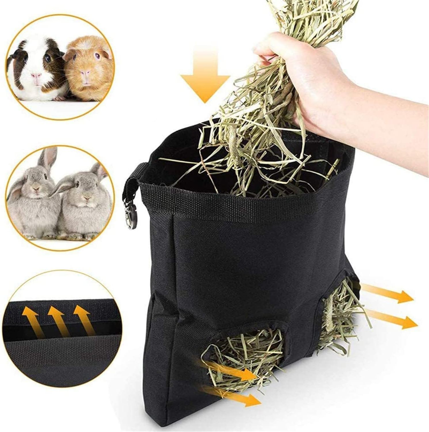Rabbit Hay Feeder Bag, Guinea Pig Hay Feeder Bag,Rabbit Food Bag with Retractable Straps,Food Sack Hay Holder with Hooks for Hamster Bunny Chinchilla Turtle Cage Accessories (2 Grids) image number 5