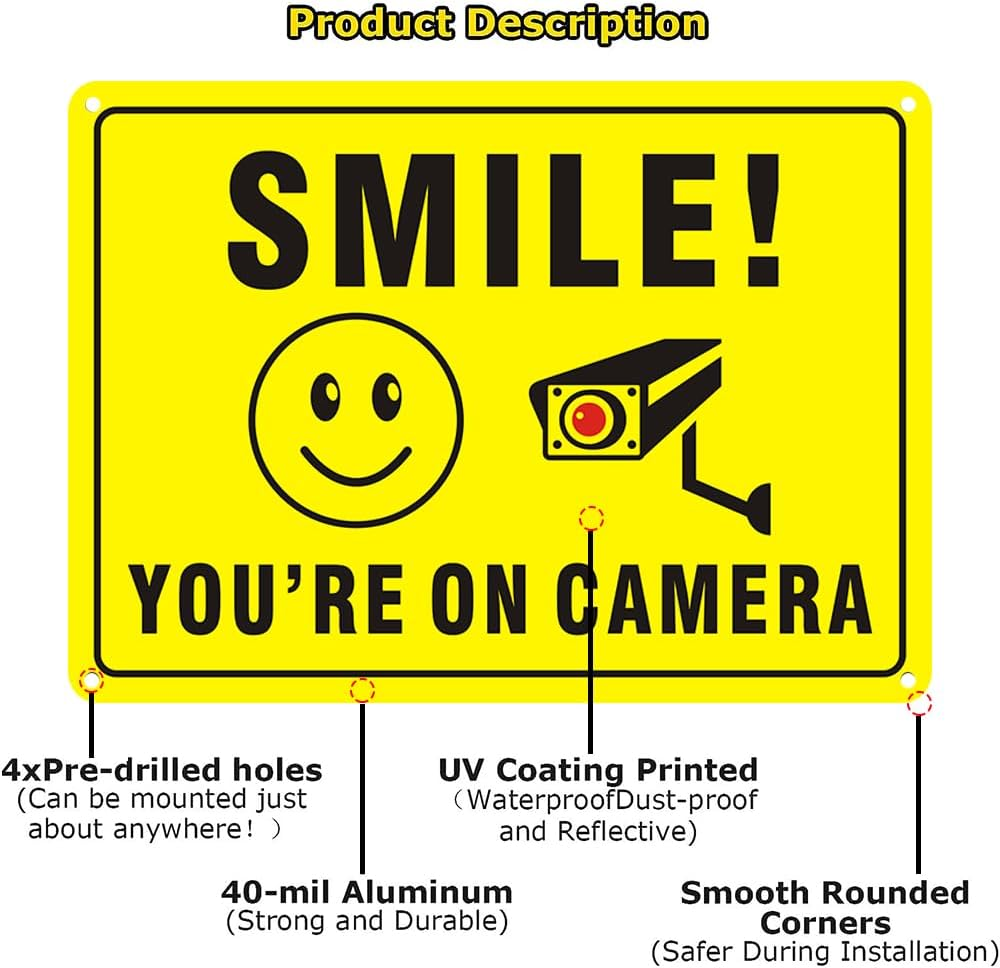 4-Pack Smile You&rsquo;Re on Camera Video Surveillance Sign, 25X18Cm UV Printed Rust Free Aluminum for Home Security Business, Driveway Alert image number 1