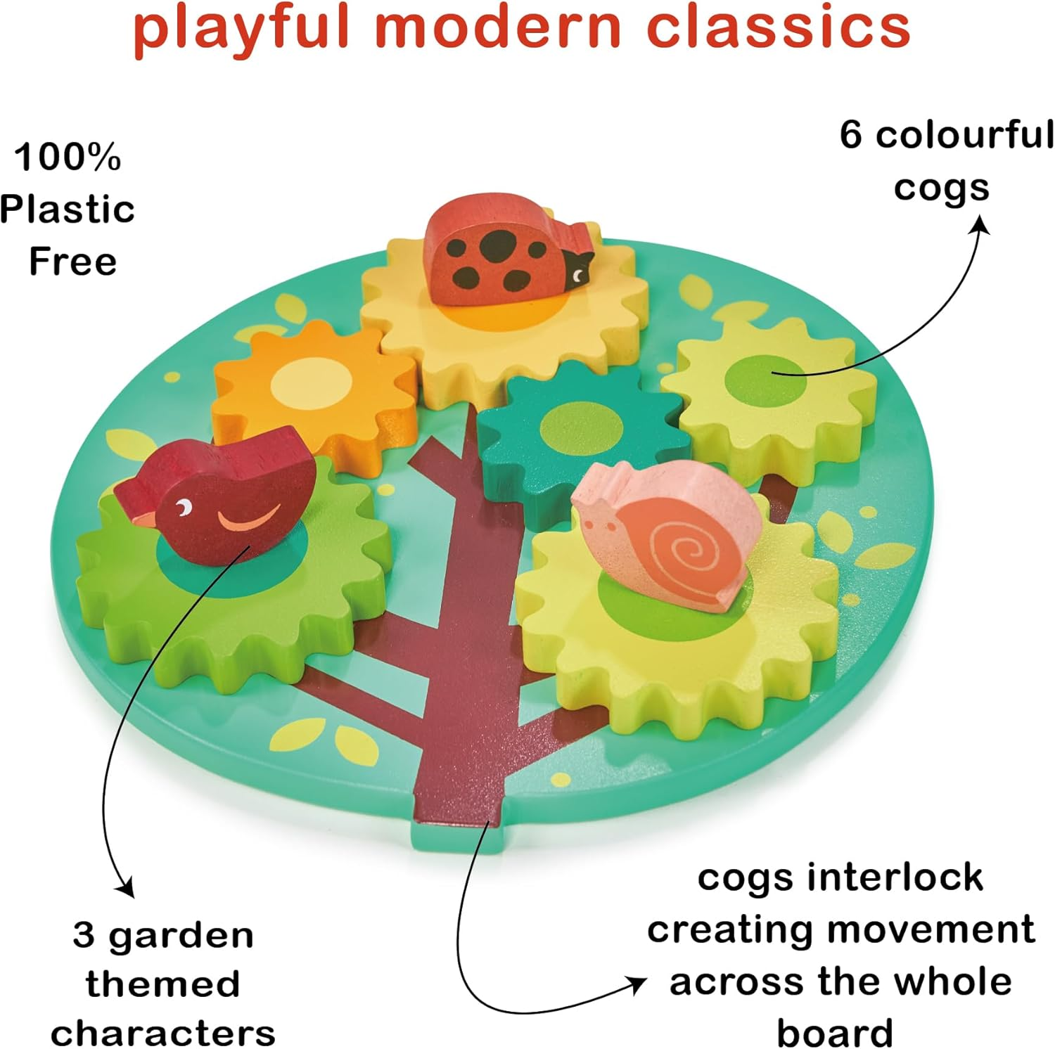 Tree Gears and Cogs Puzzle - Engaging Wooden Toy for Toddlers by Mentari, 20 Cm, Educational Learning Toy with Animal Characters image number 2