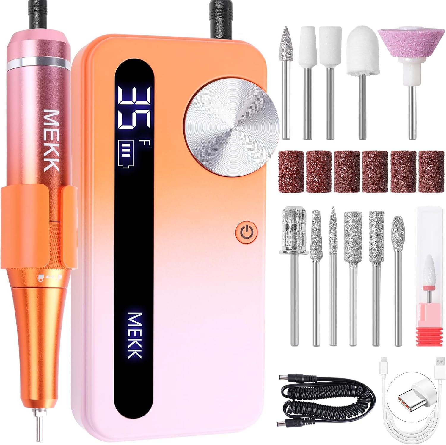 MEKK Nail Drill Kit,35000Rpm Electric Nail Drill Professional Electric Nail File with 12PCS Bits,Anti-Shaking Cordless E Filer for Nails,Home & Salon(Orange Blue)