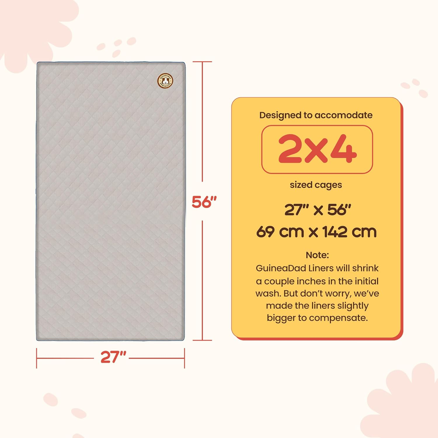 Guineadad Original Liner - Grey Fleece Guinea Pig Bedding - Reusable Guinea Pig Cage Liner - Extra Absorbent with Waterproof Bottom - Small Pet Supplies - 2X4 C&C