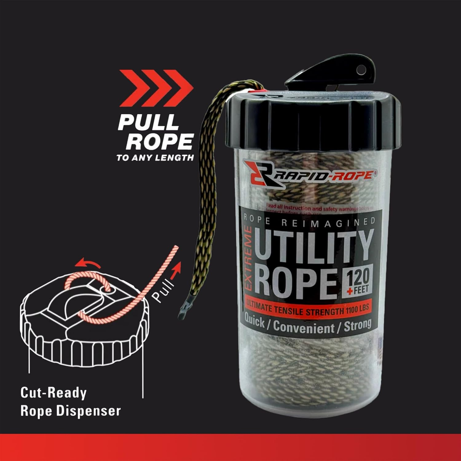 Rapid Rope Canister 120Ft Camo Flat Tactical Paracord, Made in USA, 1100Lb Tested Heavy Duty Poly Rope Test Cord, Non-Tangle Dispenser Included &ndash; Hiking, Camping, Survival, Utility, Climbing image number 4