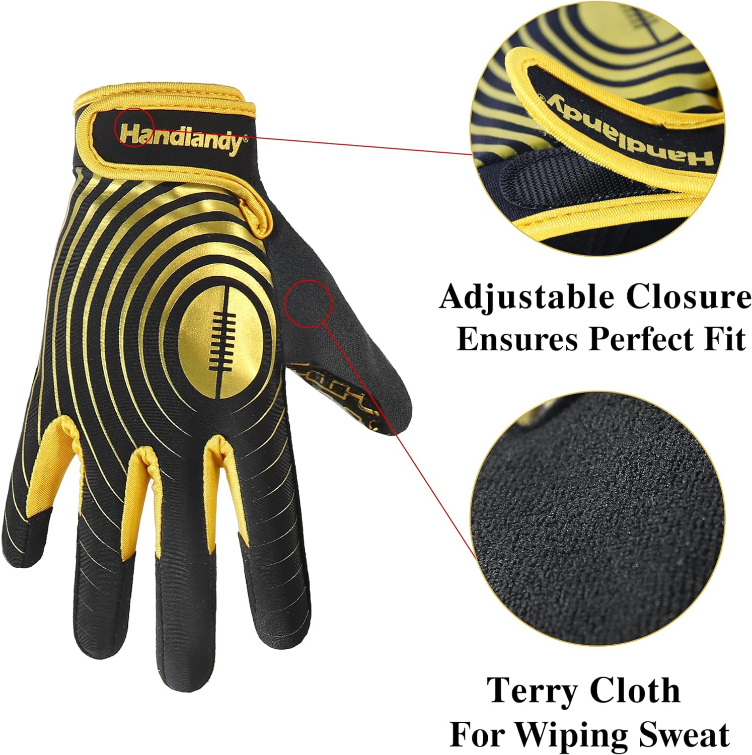 HANDLANDY Youth Football Gloves, Sticky Wide Receiver Gloves for Kids & Adult, Black and Gold Stretch Fit Football Gloves (Small) image number 5