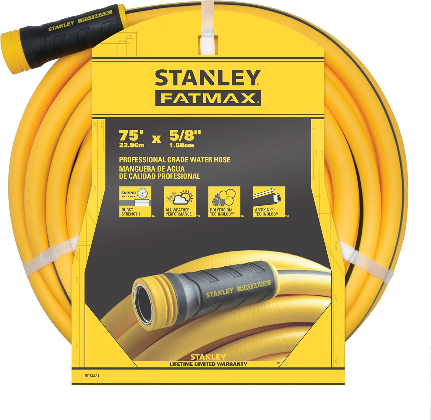 Stanley Garden BDS6651 Fatmax Professional Grade Water Hose, 75' X 5/8", 75Ft, Yellow, 500 Psi image number 6