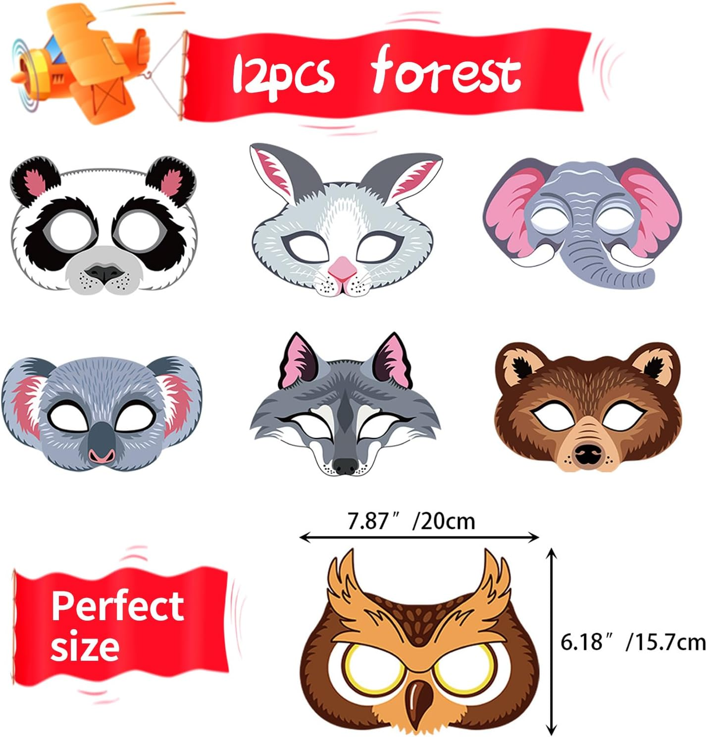 12 Pcs Safari Animal Face Masks Jungle Forest Zoo Animal Cartoon Masks, Creative Masks for Animal Theme Birthday Party image number 3