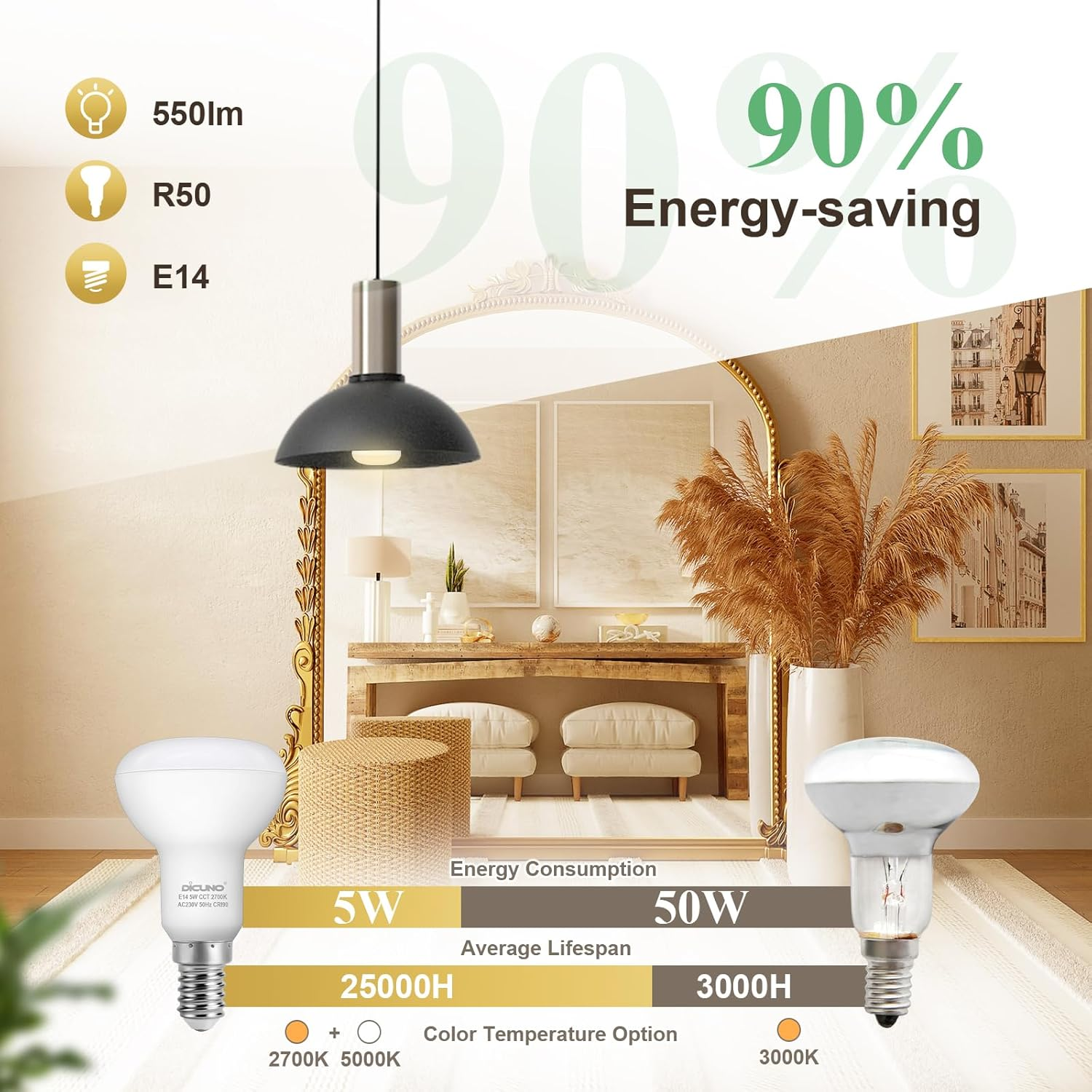 Dicuno E14 LED Light Bulb, R50 Reflector Bulbs 5W, 550LM, 50W Equivalent, Warm White 2700K, SES LED Spotlight, CRI90, Non-Dimmable, Pack of 6 - Daylight White image number 7