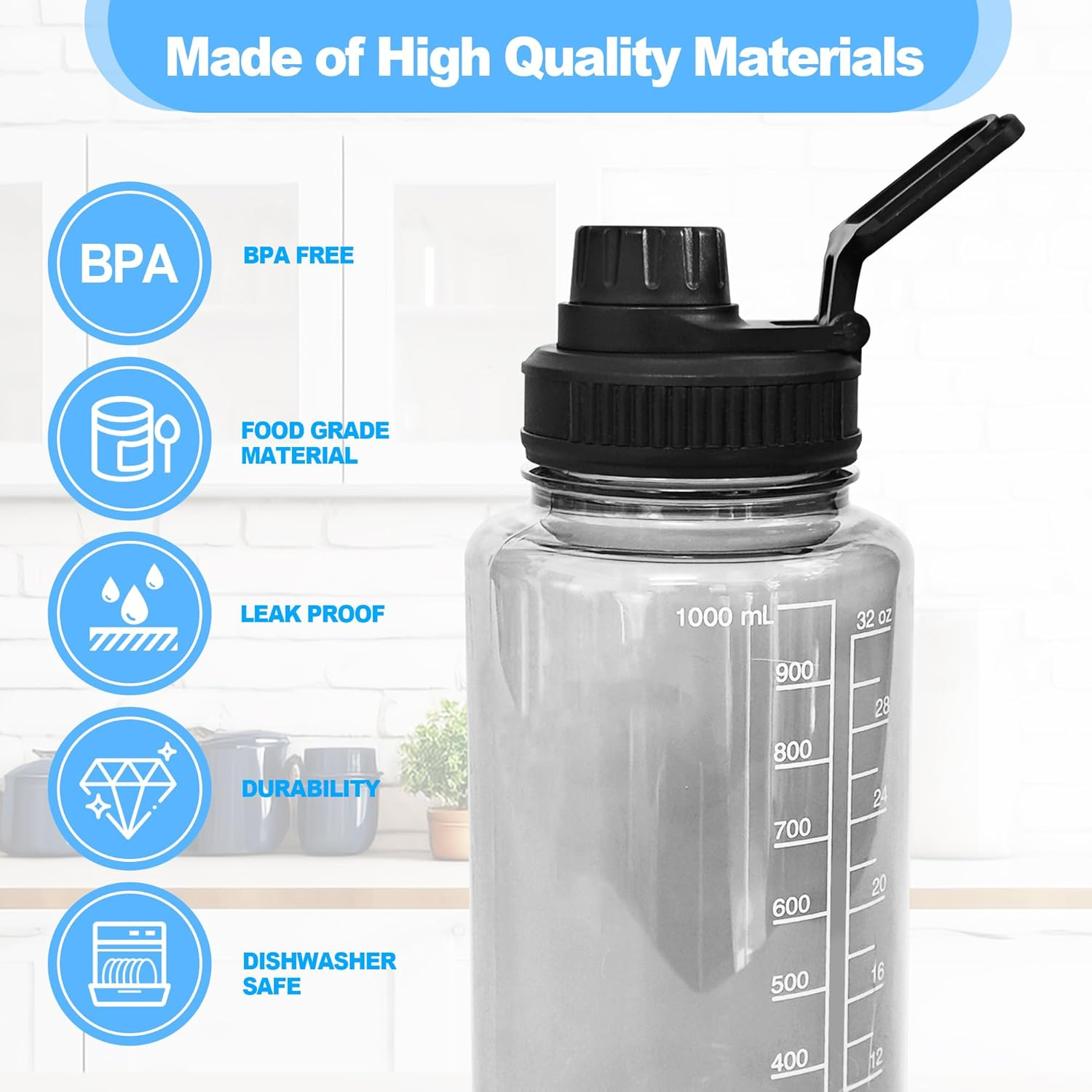 2 Pcs Replaceable Lid for Nalgene Sustain Tritan Water Bottle, Wide Mouth Loop Top Lid Compatible with Nalgene 32 Oz, BPA Free, Replacement Cap Accessories with Handle Easy to Carry, Black image number 2