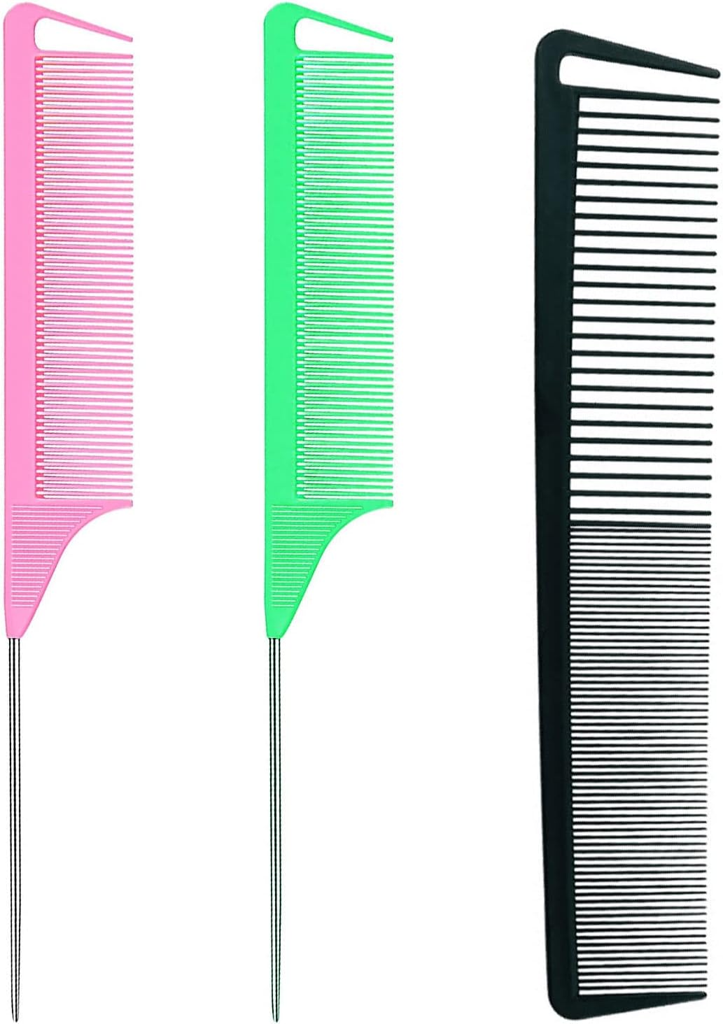 3 Pcs Rat Tail Comb Parting Comb for Braids Barber Styling Combs Carbon Fiber Teasing Combs Stainless Steel Pintail Comb for Women Men Fine Teeth Salon Hairdressing Hair Care Tools (Black+Black+Black)