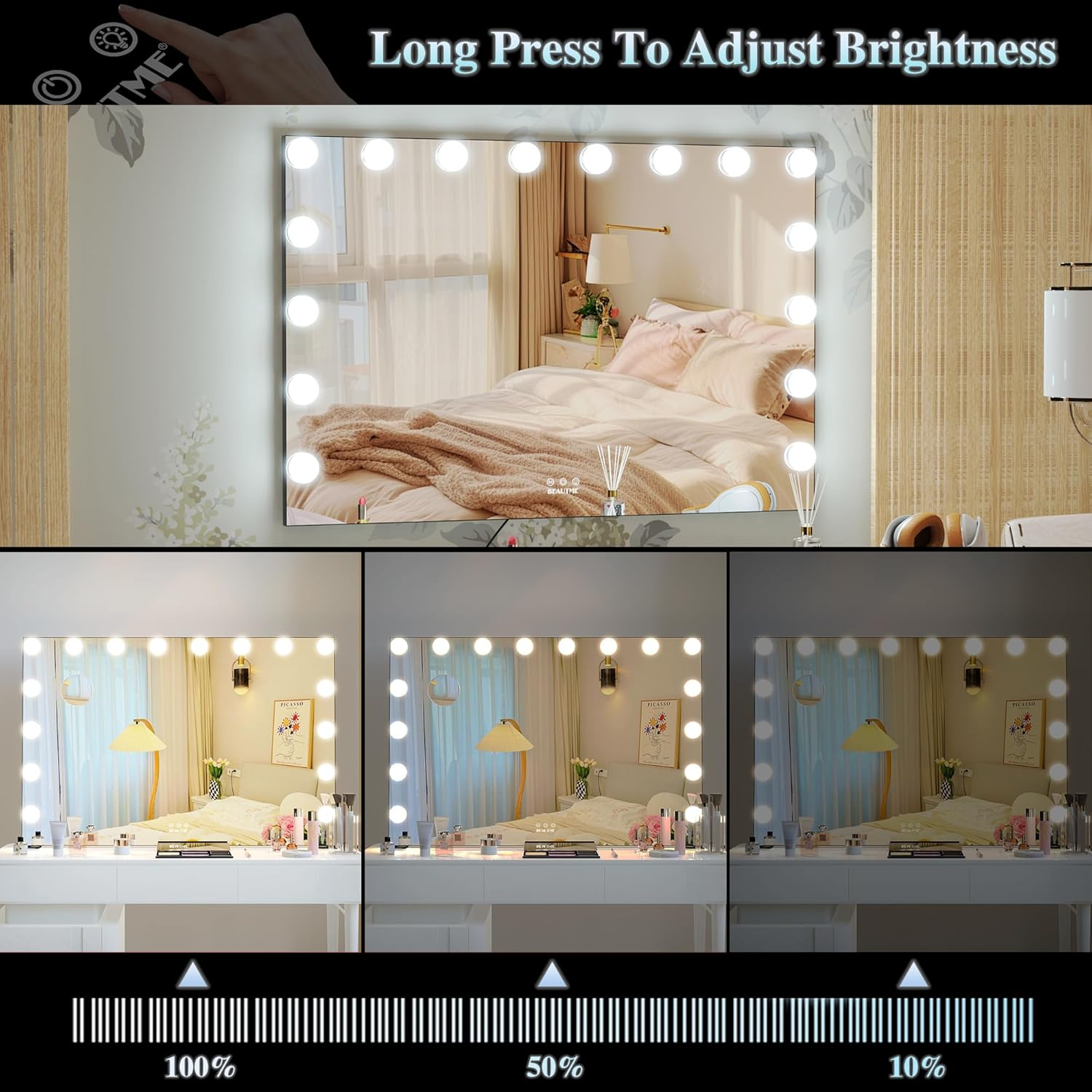 BEAUTME Vanity Mirror with Lights, Hollywood Makeup Mirror with Lights, Makeup Mirror with 16 Dimmable Led Bulbs, 3 Color Lighting Modes, Tabletop or Wall Mount, Black, 91.1&times;61.6Cm image number 6