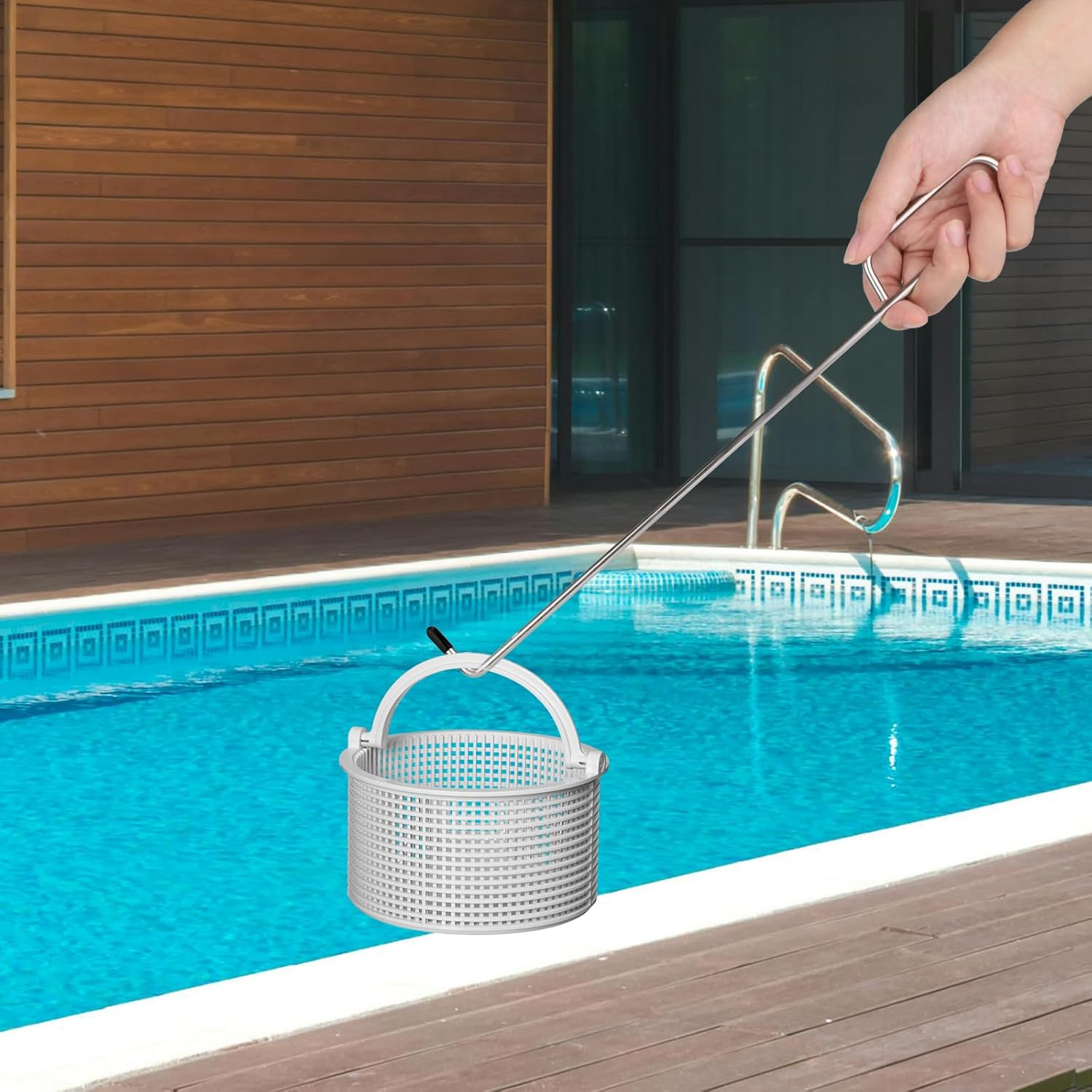 2Pcs Swimming Pool Skimmer Basket Hook, 14.57In Long Stainless Steel Skimmer Basket Handle Skimmer Lid Lifting Extension Hook Debris Remover Tool Knee & Back Saver image number 5