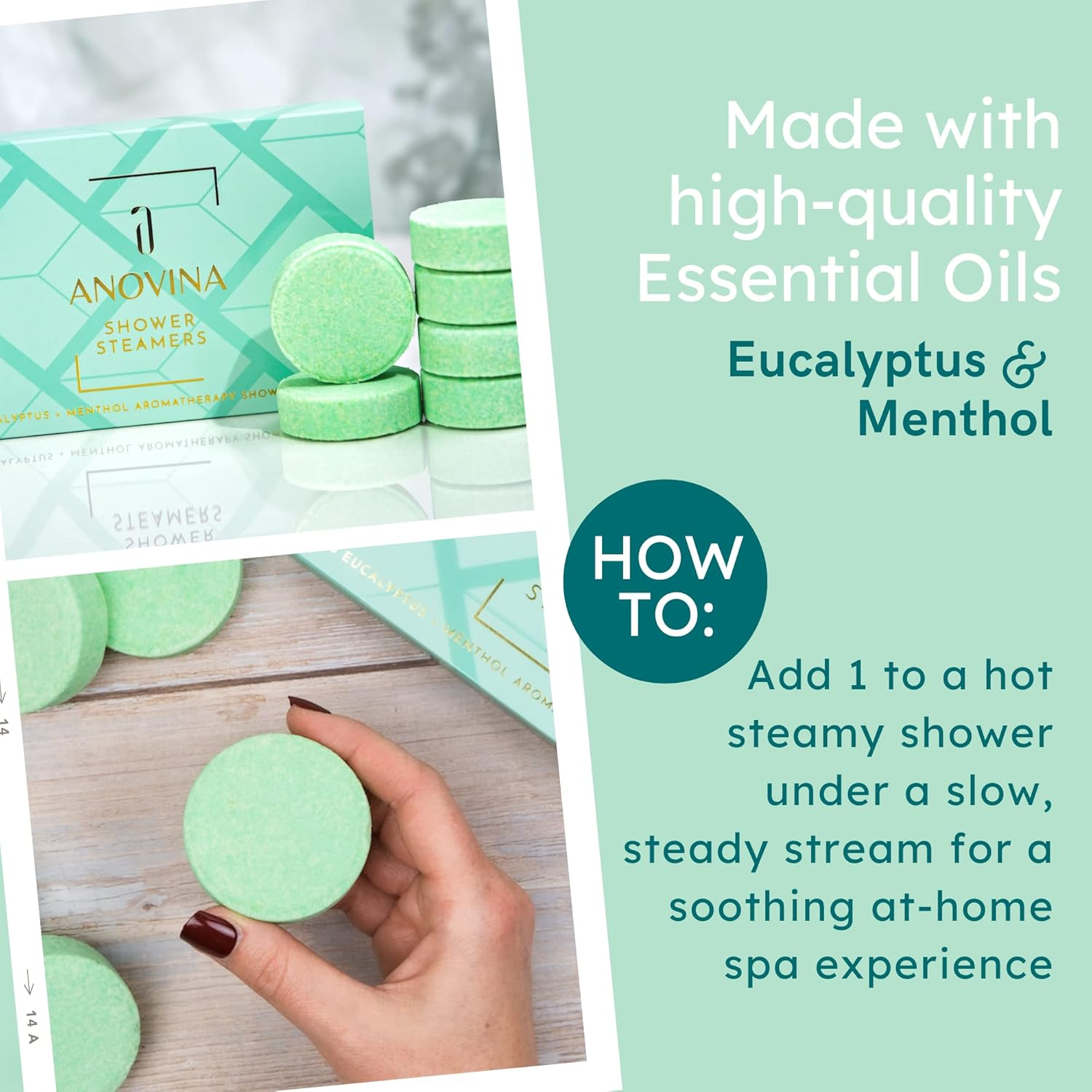 Anovina 6XL Eucalyptus Shower Steamers with Menthol &ndash; Aromatherapy Gift Box Made in USA with All Natural Ingredients. Self-Care Shower Bombs & Valentine'S Gift for Women & Men! image number 6