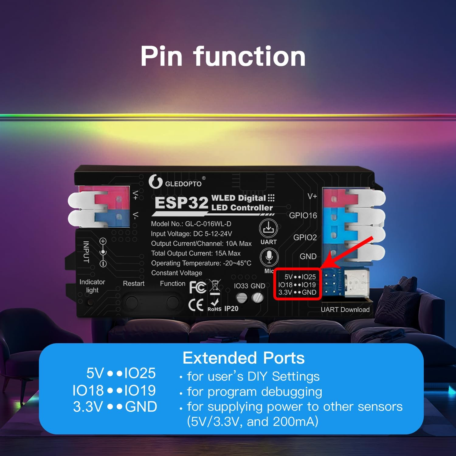 LED WLED Driver ESP32 15A Built-In Microphone Fuse Music Mode UART USB Type C Power Saving Relay APP Control Easy Wiring for RGB IC Addressable Digital WS2811 WS2812 image number 1