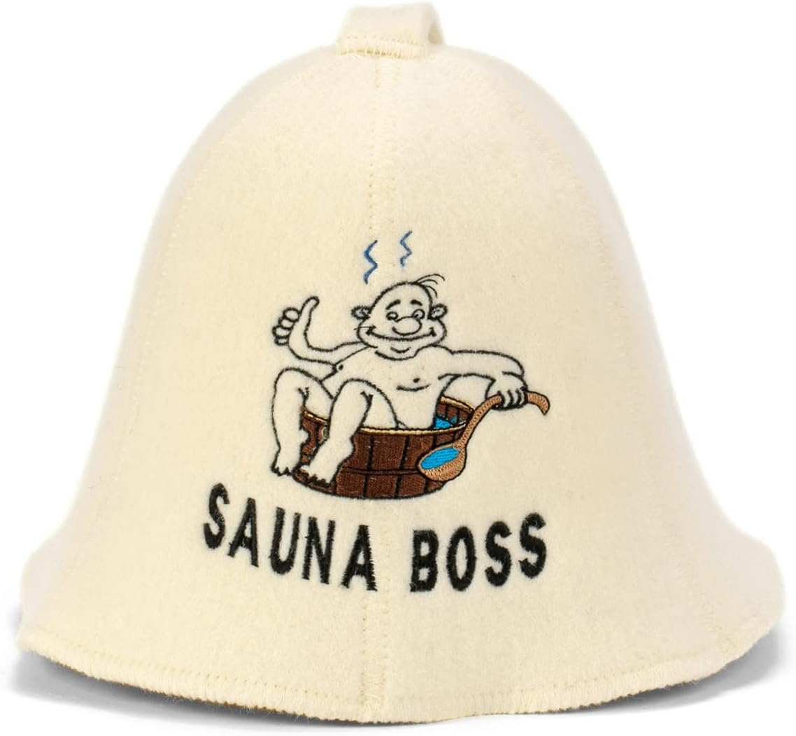 Natural Textile Sauna Boss Bucket Sauna Hat White - 100% Organic Wool Felt Hats - Protect Your Head from Heat - English Sauna E-Book Included - with Embroidery