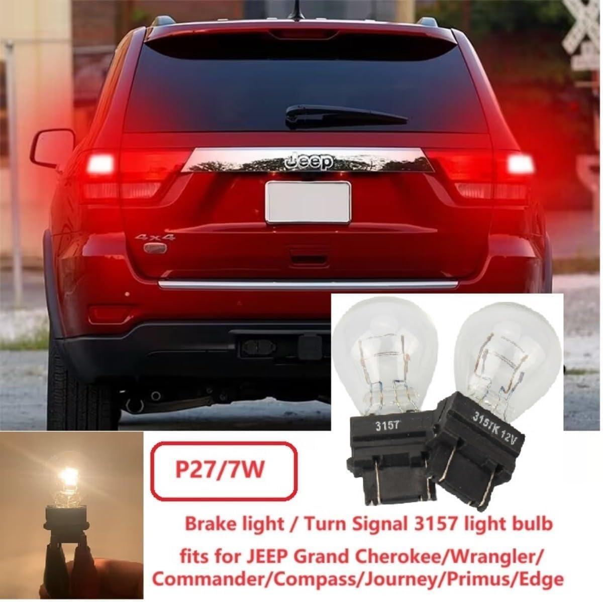 3157/3457 Tail/Brake Light Bulb/Turn Signal Bulbs(12V 27/7W 3000K) Fits for Jeep Grand Cherokee Wrangler Commander Compass Journey Primus Edge -(Pack of 2) image number 3