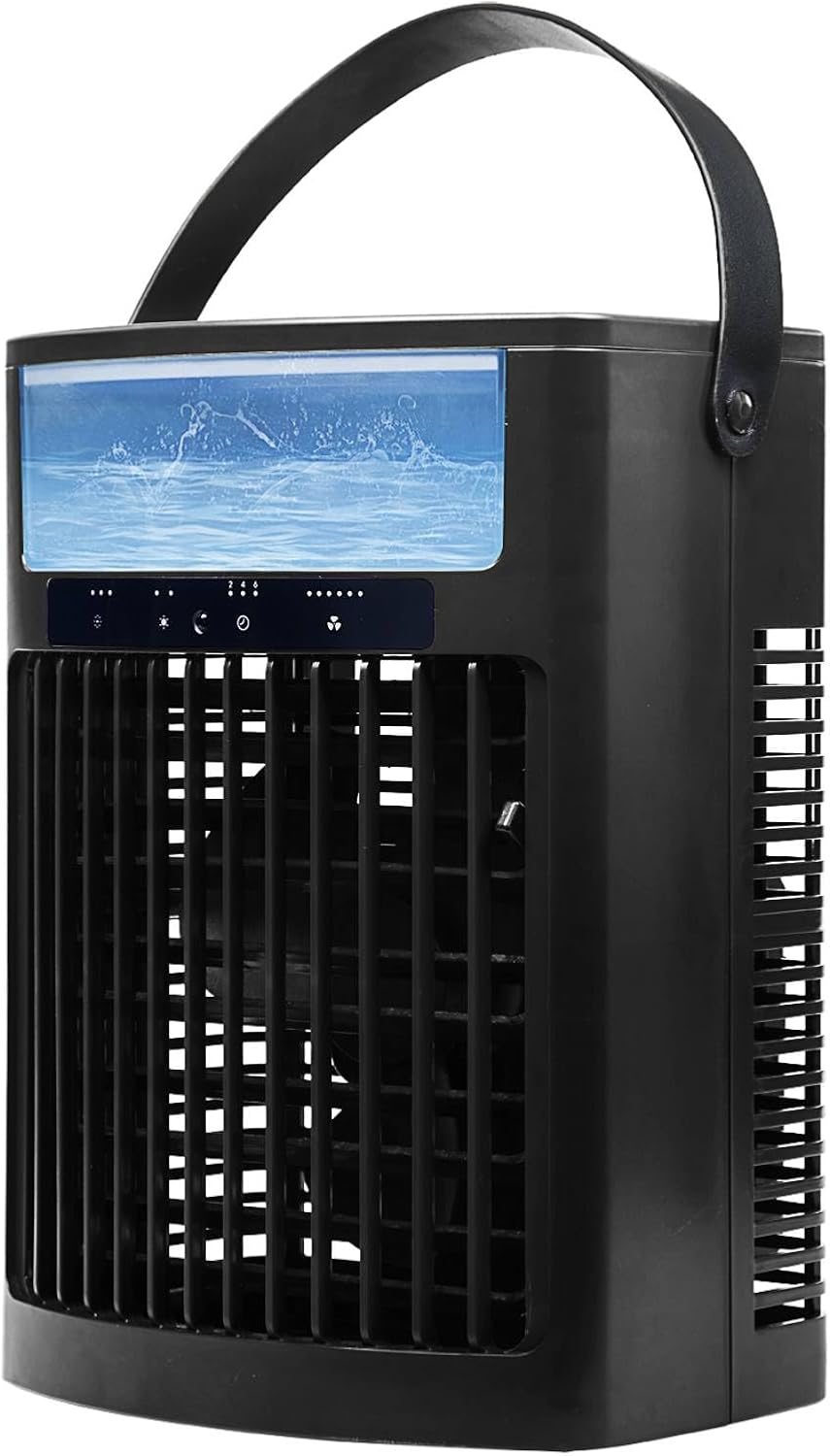 Portable Air Conditioner, 4 in 1 Air Cooler 1000ML Water Tank, Personal Fan 5 Speeds & 3 Spray Modes Timing Evaporative Air Cooler, 7 Color Night Light, Desk Cooling Fan for Bedroom Office Living Room