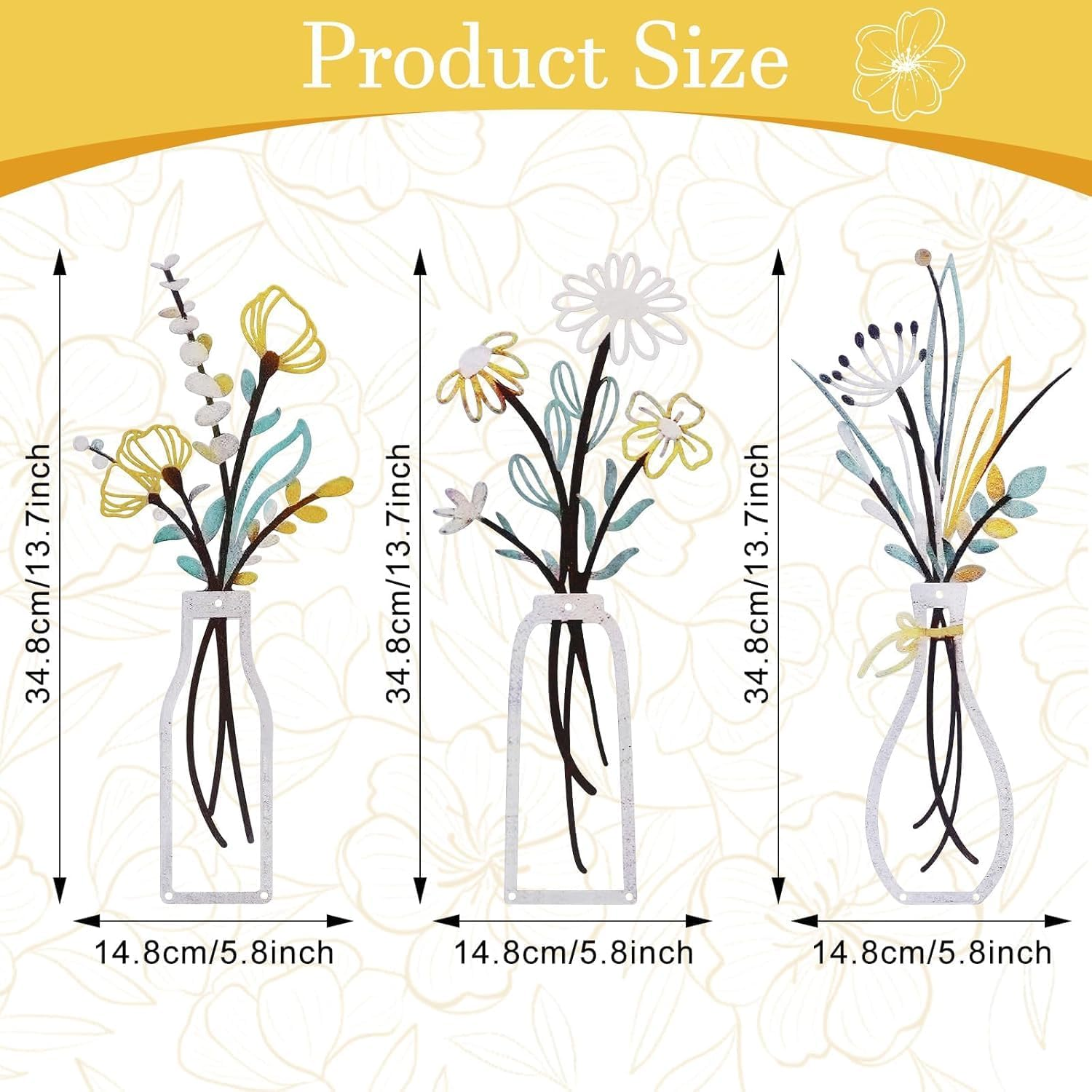 3 Pack Metal Flower Wall Art - Minimalist Beige Farmhouse Decor for Living Room, Bedroom, Bathroom & Dining Room | Housewarming Gift - Black image number 2