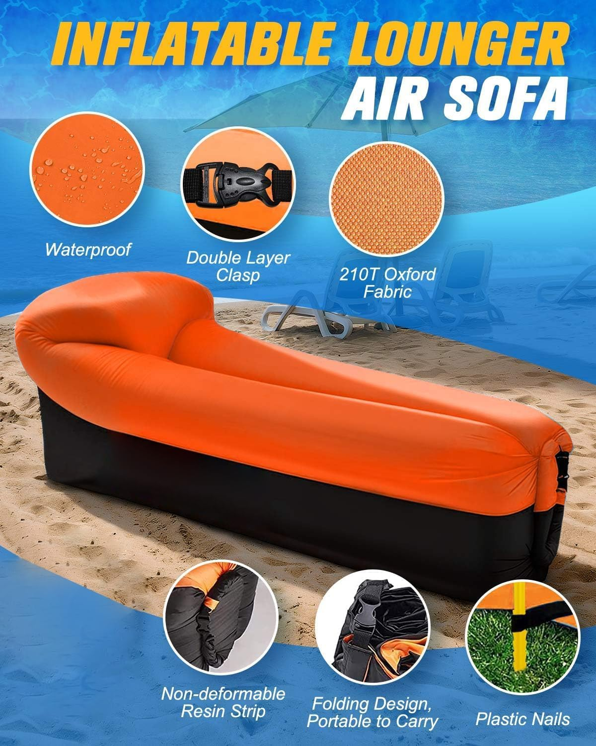 Aymxcls Inflatable Lounger Air Sofa Chair Camping & Beach Accessories Portable Water Proof Couch for Hiking, Picnics, Outdoor, Music Festivals & Backyard&ndash;Lightweight (Orange) - Orange image number 3