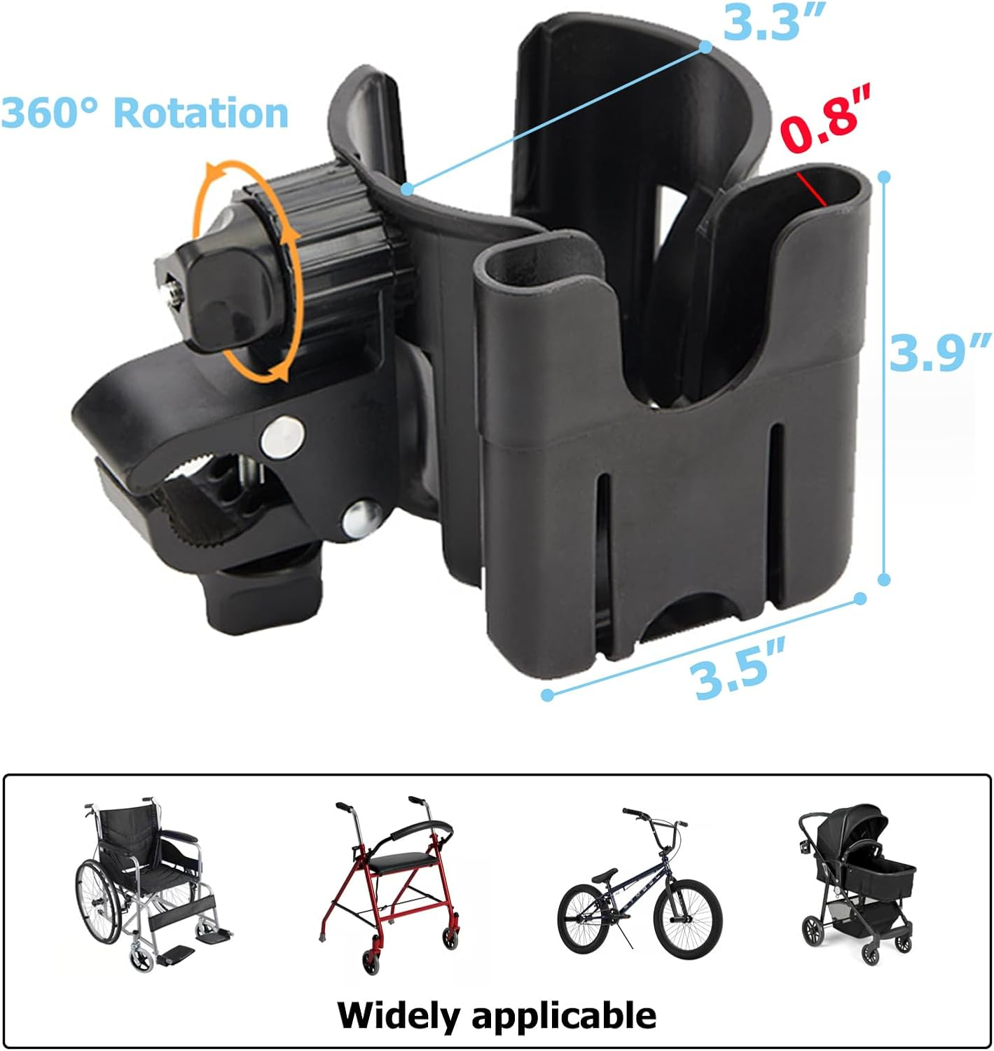 Cup Holder for Wheelchair, Scooter, Walker, Rollator - 2 in 1 Water/Drink Bottle Holder and Phone Bracket Accessories, Adjustable, 1 Pcs (Black-B)