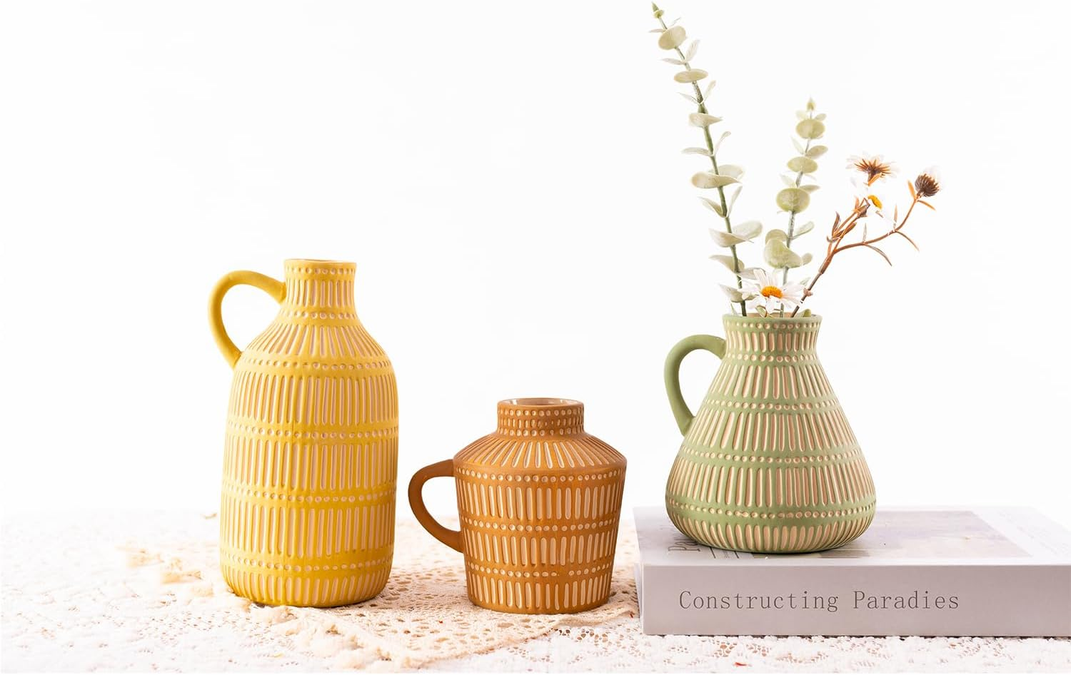 Green Ceramic Boho Vase, Distressed Farmhouse D&eacute;cor, Pottery Decorative Flower Vase for Home Decor, Table, Living Room Decor, Shelf Decor 6 Inches image number 5