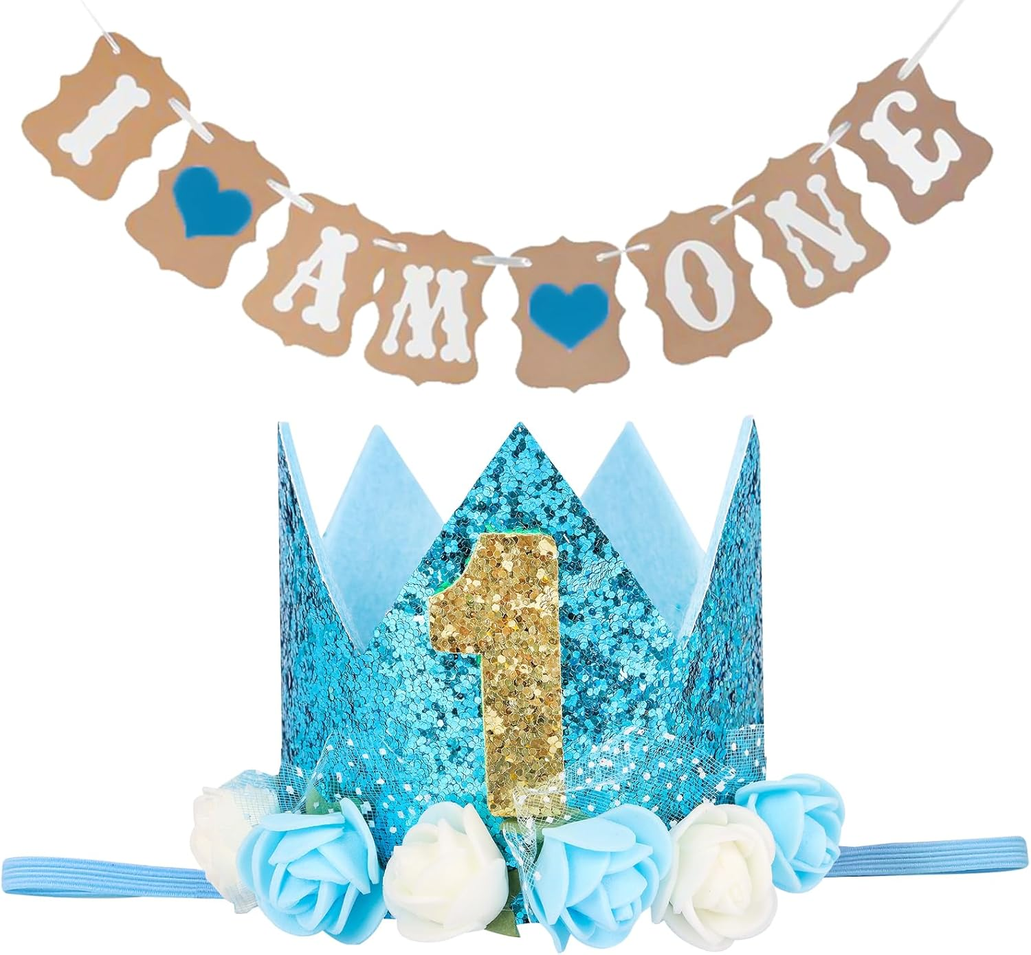 Kufaerbeam First Birthday Crown Hat and Birthday Flag for Baby Girls, 1St Birthday Crown Hat Decorations with Cute Floral, Headband Gift Photo Prop 1St Birthday Party Supplies for Baby