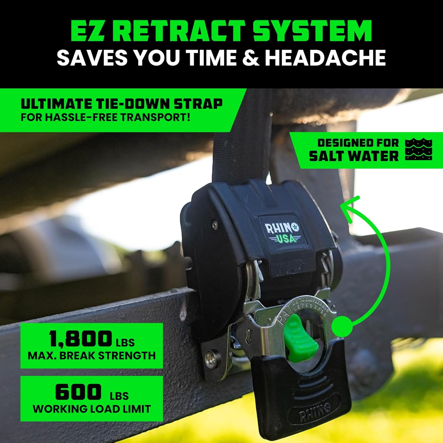 Rhino USA Retractable Boat Trailer Tie down Straps 2PK &ndash; Durable (2In X 43In) Trailer Mount Transom Straps for Boat, Jet Ski &ndash; Stainless Steel &ndash; Salt Water Compatible image number 5