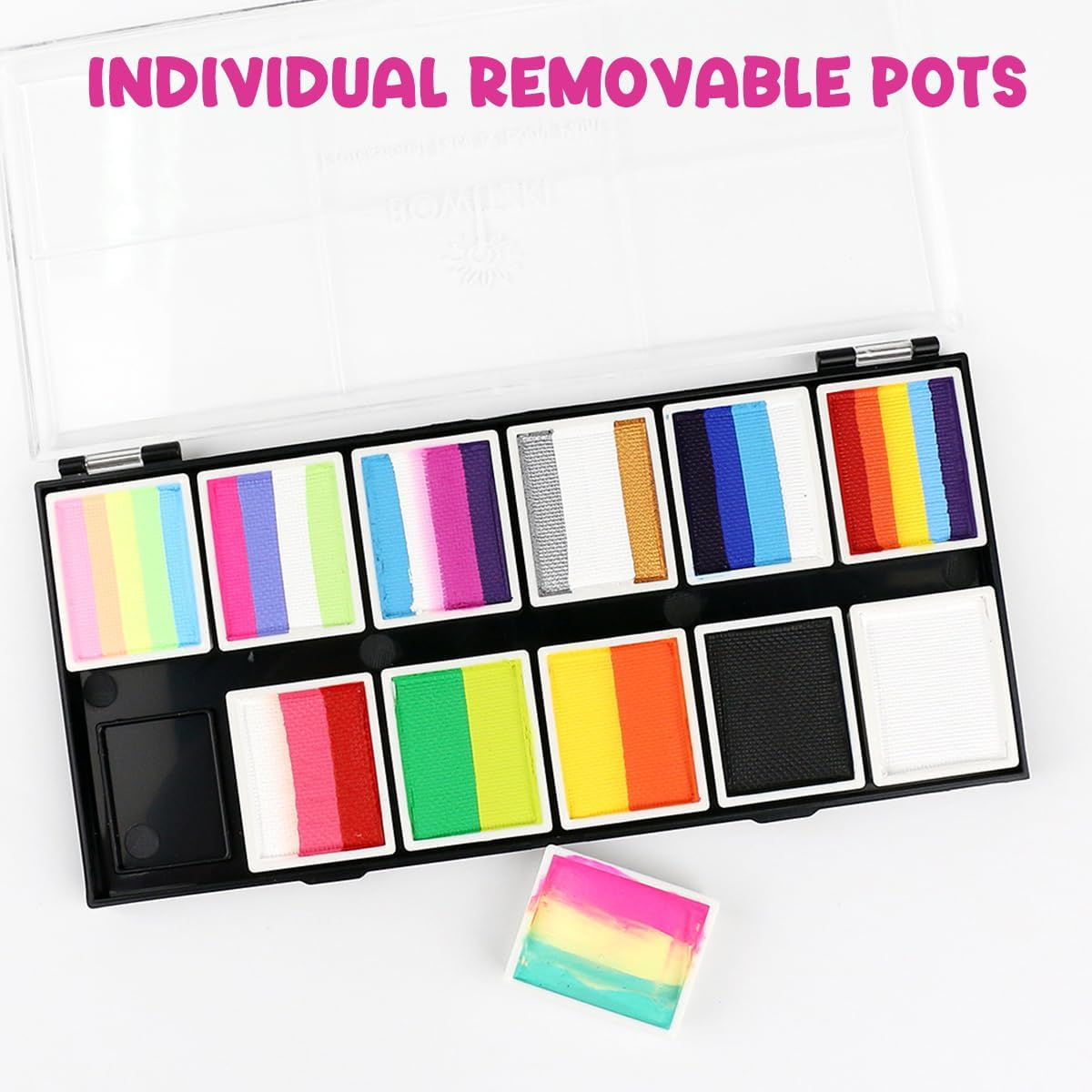 Bowitzki Face Paint 12X10 Gm Professional Body Painting Kit for Kids Adults Stencil One Stroke Split Cake Non Toxic Rainbow Flora Dolphin Unicorn Flame Makeup Halloween Christmas Easter - Bright Set image number 4