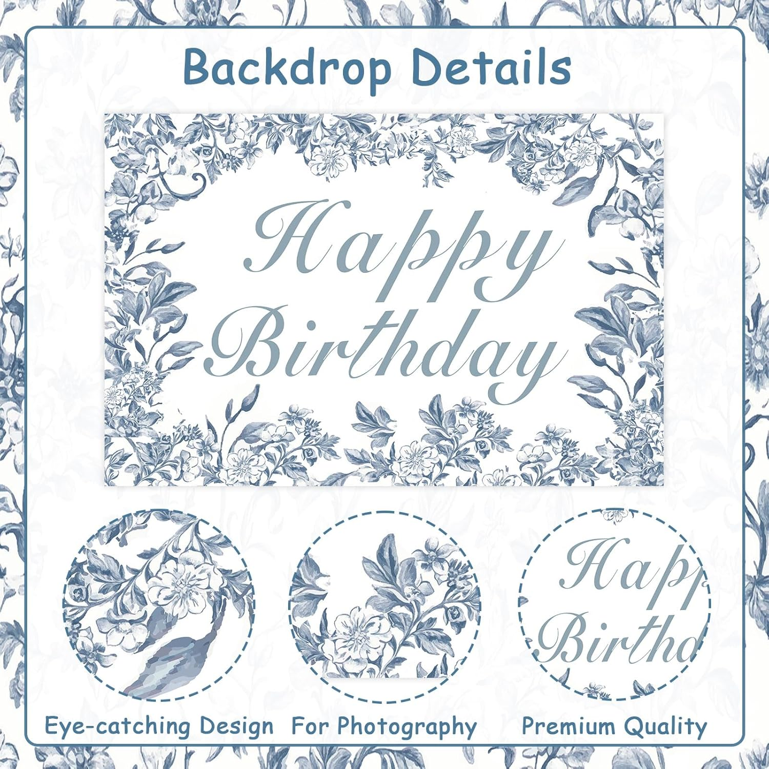 Wonmelody Blue Chinoiserie Birthday Decor 5 * 3Ft Blue Chinoiserie Happy Birthday Backdrop Banner Blue White Floral Backdrop Vintage Floral Party Decor for Chinoiserie Birthday Wedding Bridal Shower image number 3