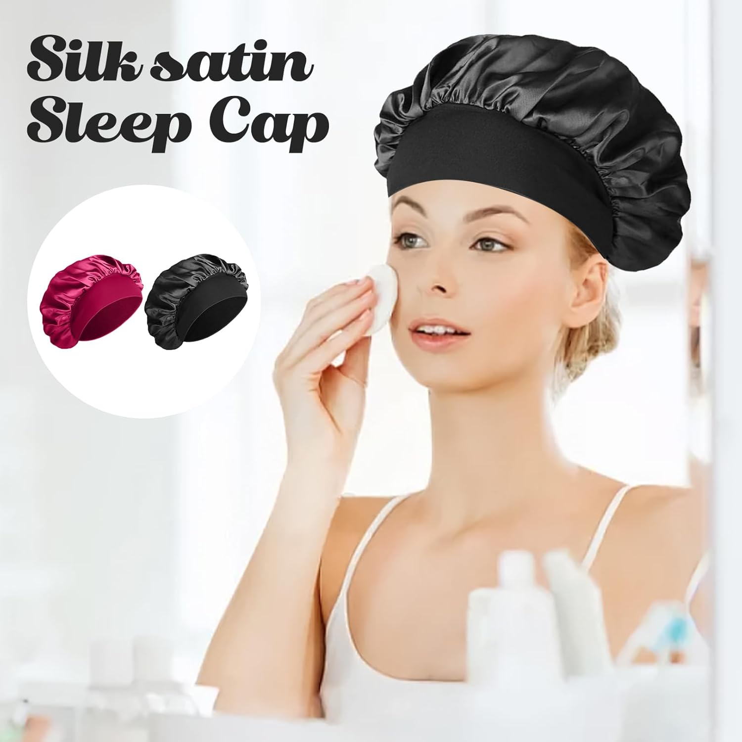 Bonnet Sleep Cap Hair, Bonet Silk, Shower Cap Women, Sleep Cap Hair Protection Children, Sleep Cap Curls, Satin Hood for Sleeping Men, Silk Hood Hair, Hair Protection (Burgundy and Black) image number 3