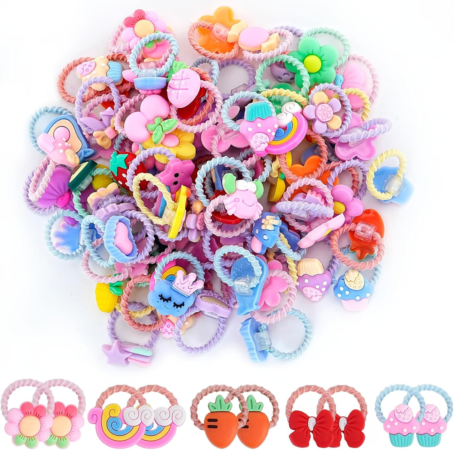 100Pcs Cute Baby Hair Ties, 80Pcs Elastic Hair Ties and 20Pcs Colorful Cute Hair Clips, Cartoon Animal Fruit Hair Accessories for Baby Girls Teens Toddlers, Infants, Teenagers and Children (Pink) image number 6