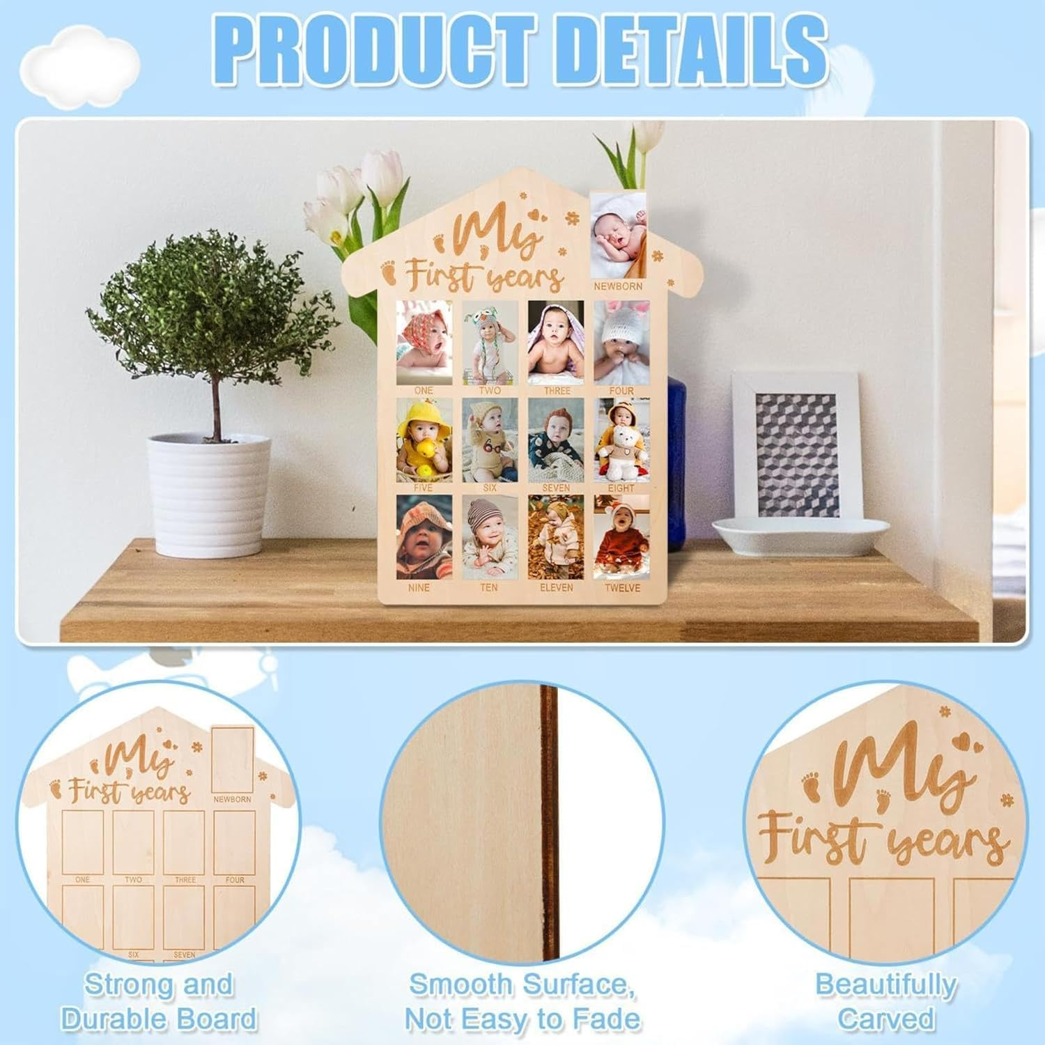 My First Year Photo Frame Board, Baby First Year Picture Frame 12 Months Milestone Display Wood Board Baby Keepsake 1St Birthday Nursery Decor 40&times;30Cm image number 3