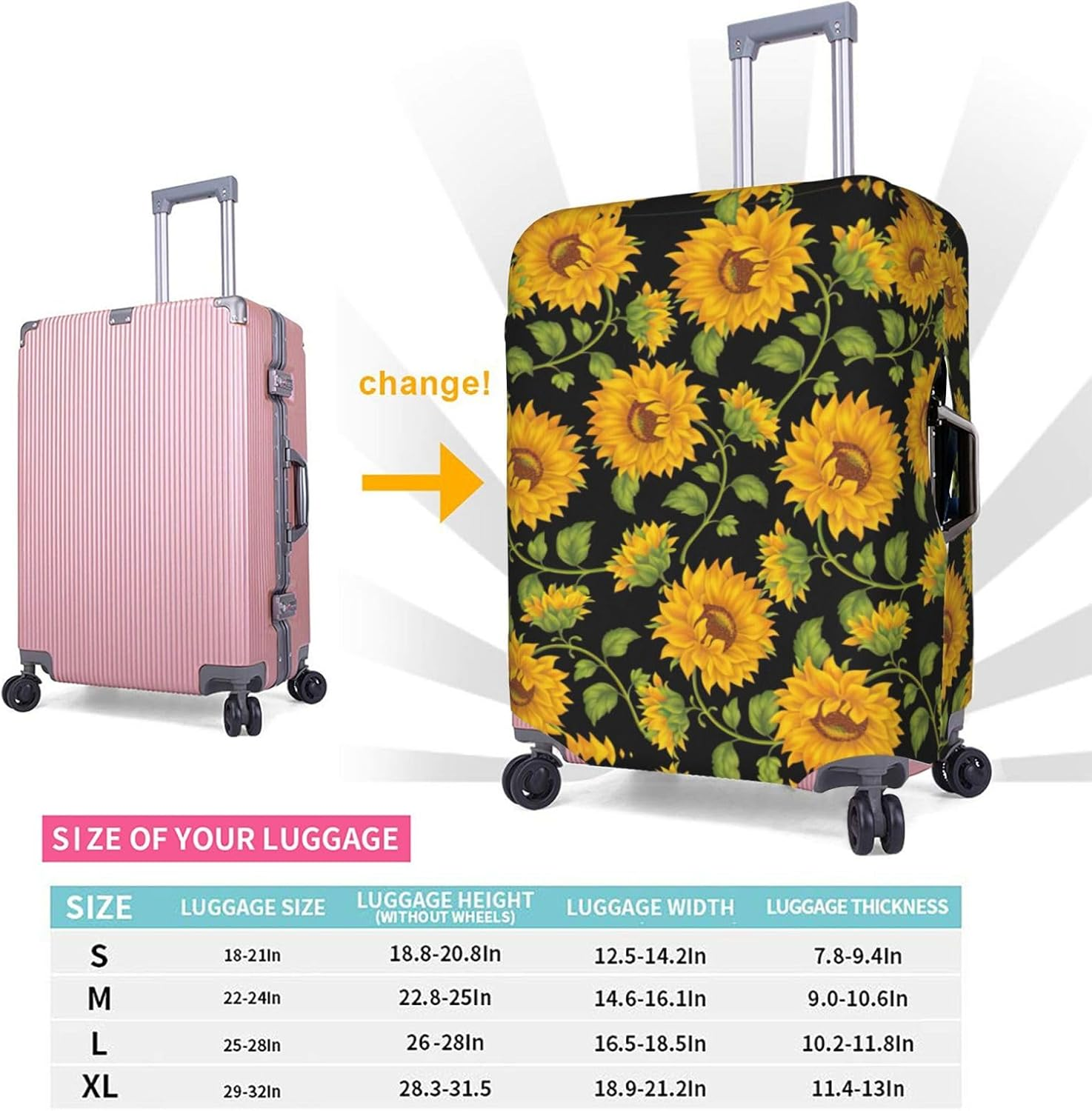 Odddot Sunflower Pattern Print Travel Luggage Cover,Suitcase Protector Cover, Washable Baggage Covers,For 18-32 Inch Luggage, Sunflower Pattern, Small image number 2