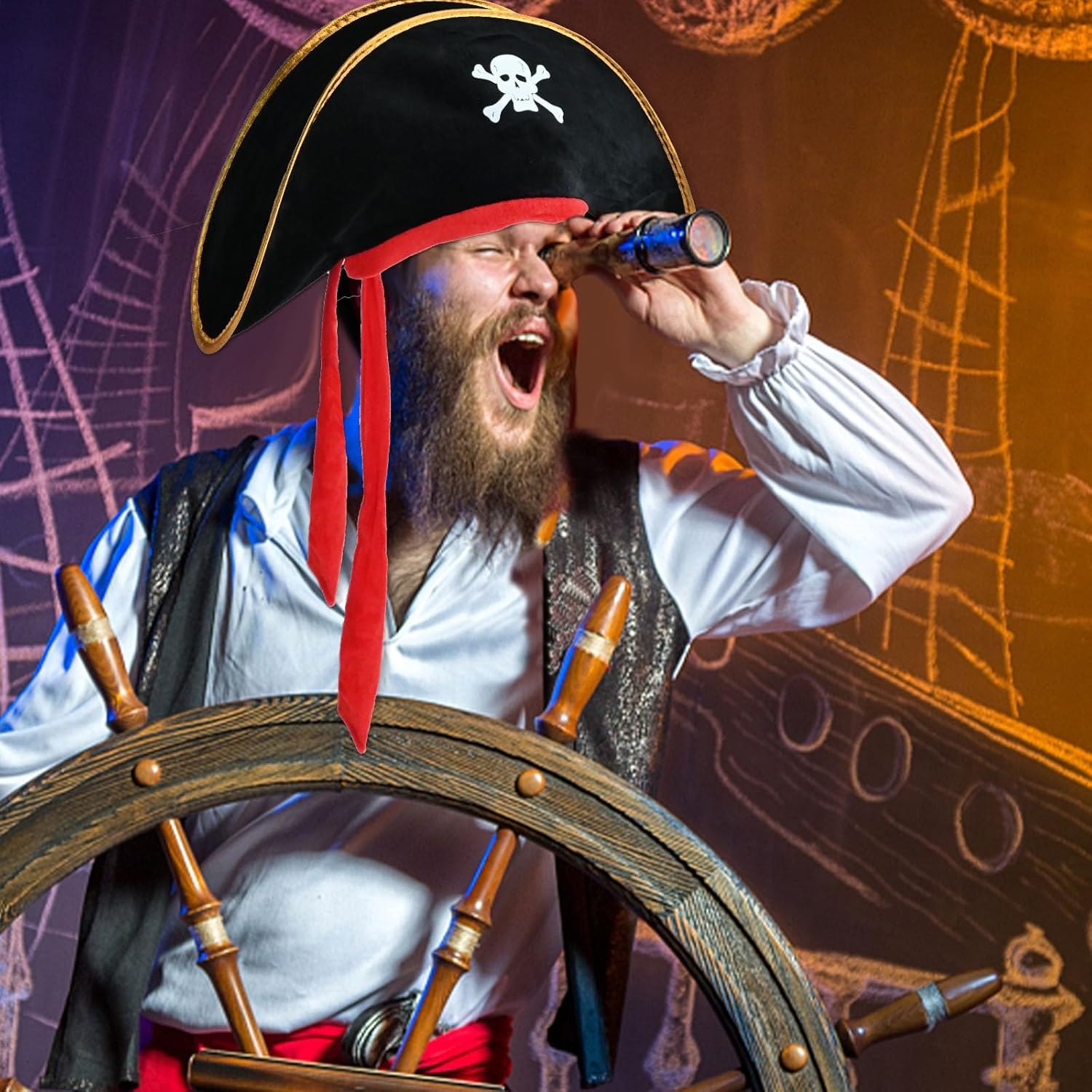 UOIENRT 2Pcs Pirate Hat Hat Skull Print & 10In Stuffed Parrot on Shoulder Pirate Costume Accessories for Halloween, School Play, Theater Performance image number 2