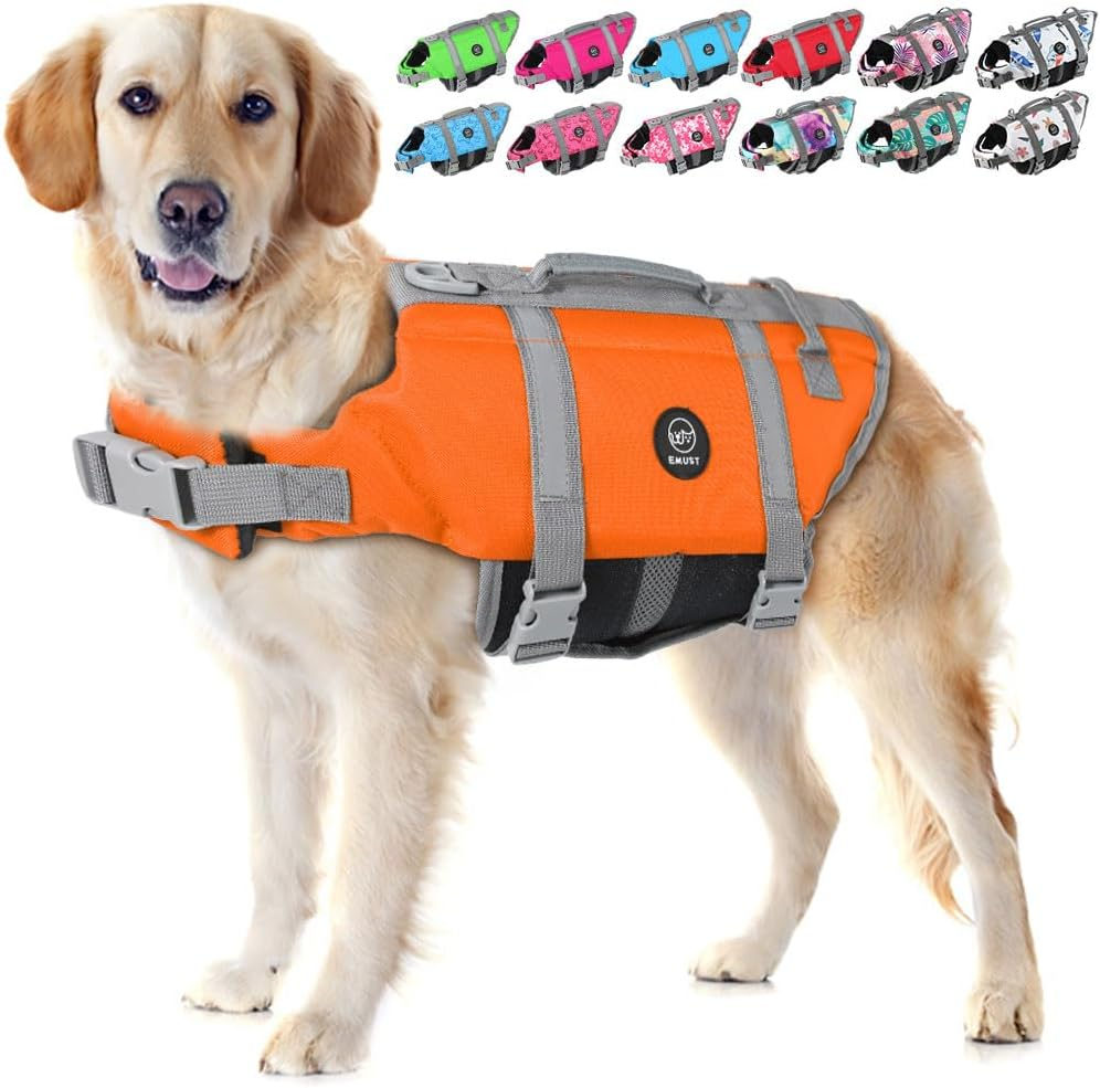 EMUST Life Jackets for Dogs, Adjustable Small/Medium/Large Dog Swim Vest for Water Safety Pet Life Vest with Rescue Handle Safety Vest for Swimming Pool Beach Boating, XL, Newsolidpink