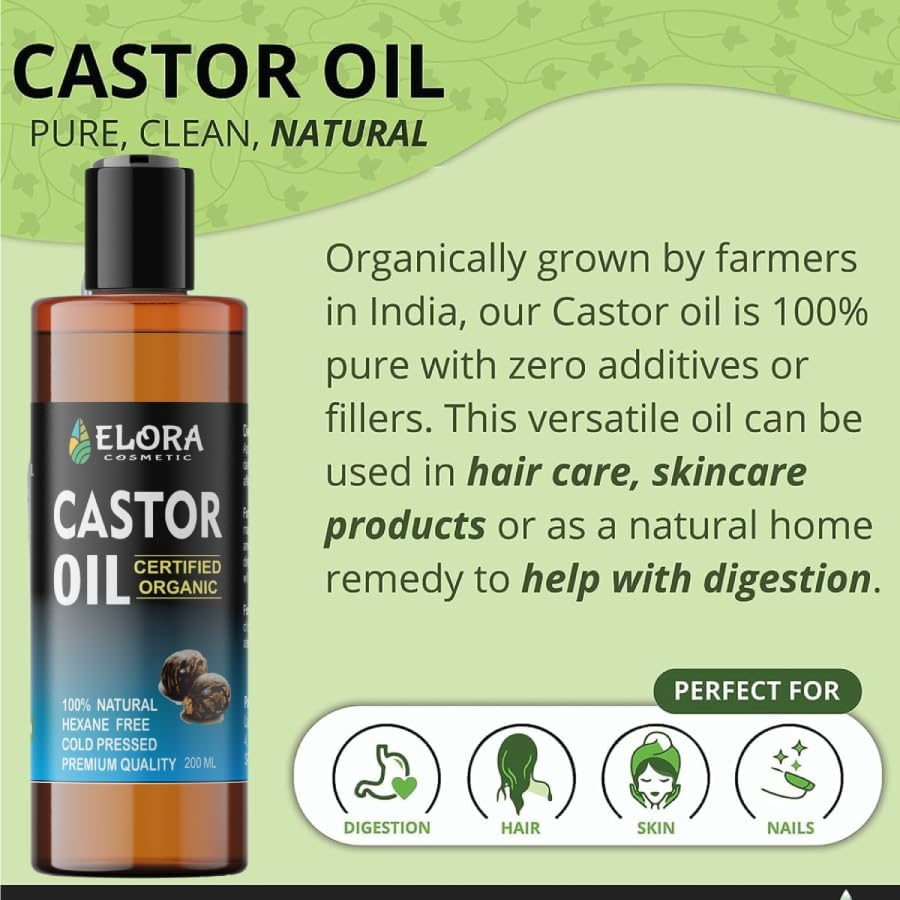 Certified Organic Castor 200ML Oil, Cold-Pressed Castor Oil, Hexane Free, Castor Oil for Hair Growth, Eyebrows, Eyelashes and Dry Skin. Anti-Oxidant Oil for Hair, Skin, Face.(Plastic Bottle) (200 ML)