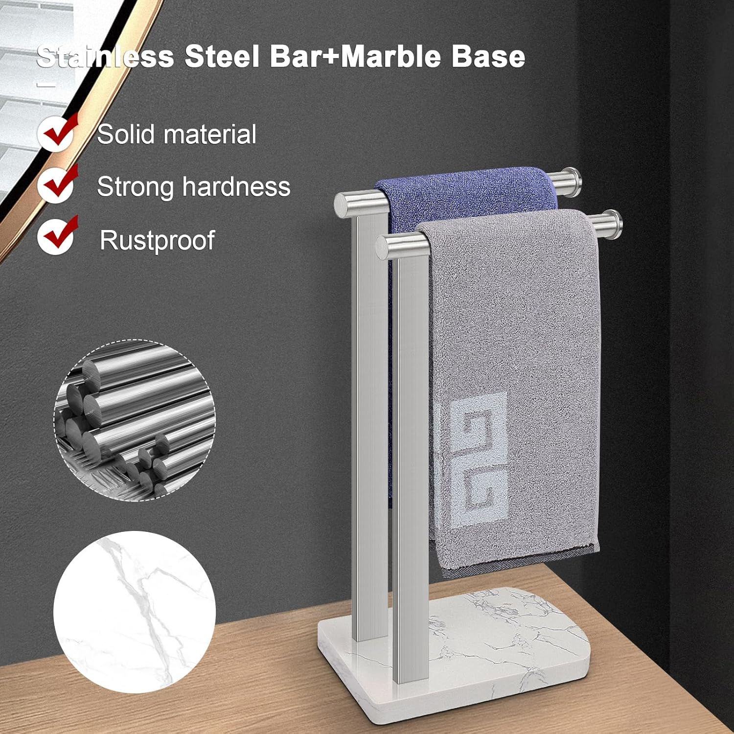 Nearmoon Hand Towel Holder with Balanced Marble Base, SUS304 Stainless Steel Stand Towel Ring L Shape Hand Towel Rack Free-Standing Towel Bar for Bathroom Kitchen Countertop(Double Rod Brushed Nickel)
