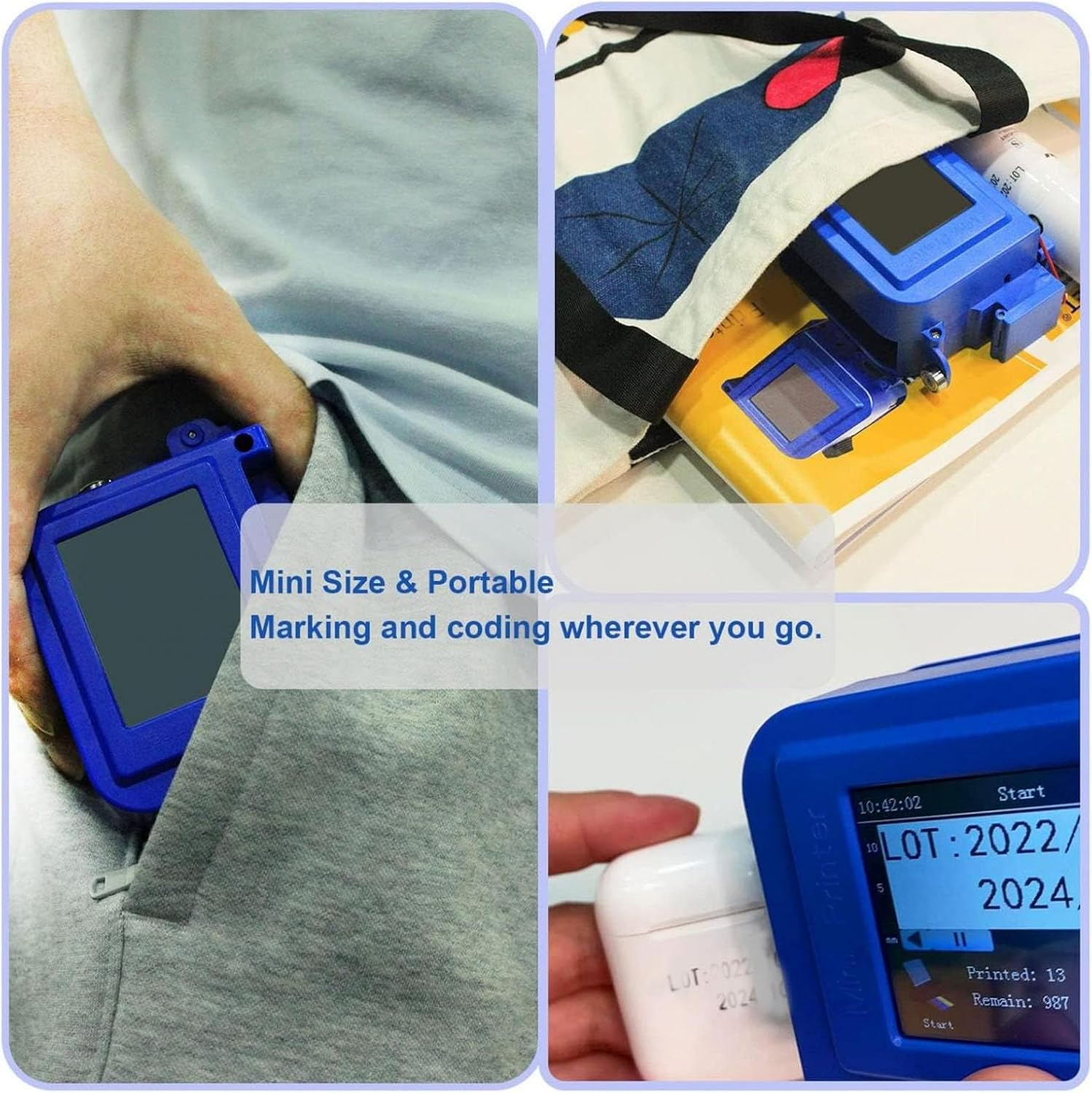 Mini Handheld Inkjet Printer Pocket Marking Device with Editable Touch Screen 0.1‑ 0.5In/1In Adjustable Printing Height Ink Cartridge Replacement Compatible for Business (Blue)