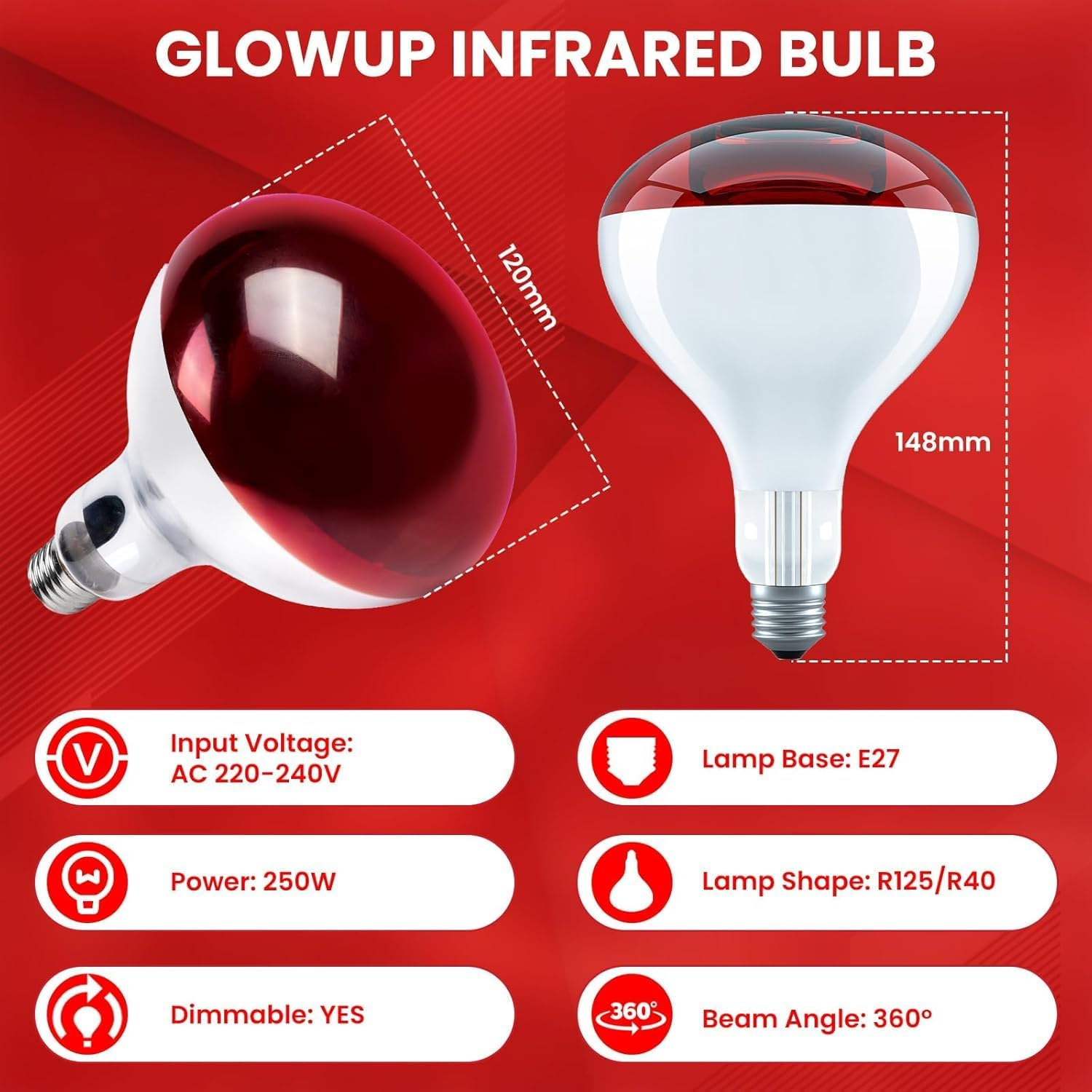 Glowup 250W Infrared Heat Lamp Bulbs, E27 Poultry Heat Lamp Bulb Dimmable R125 Infrared Basking Reflector Bulb, Food Insulation Lamp Bulb, for Food Service & Chicks, Turtles, Geckos, 2-Pack image number 1