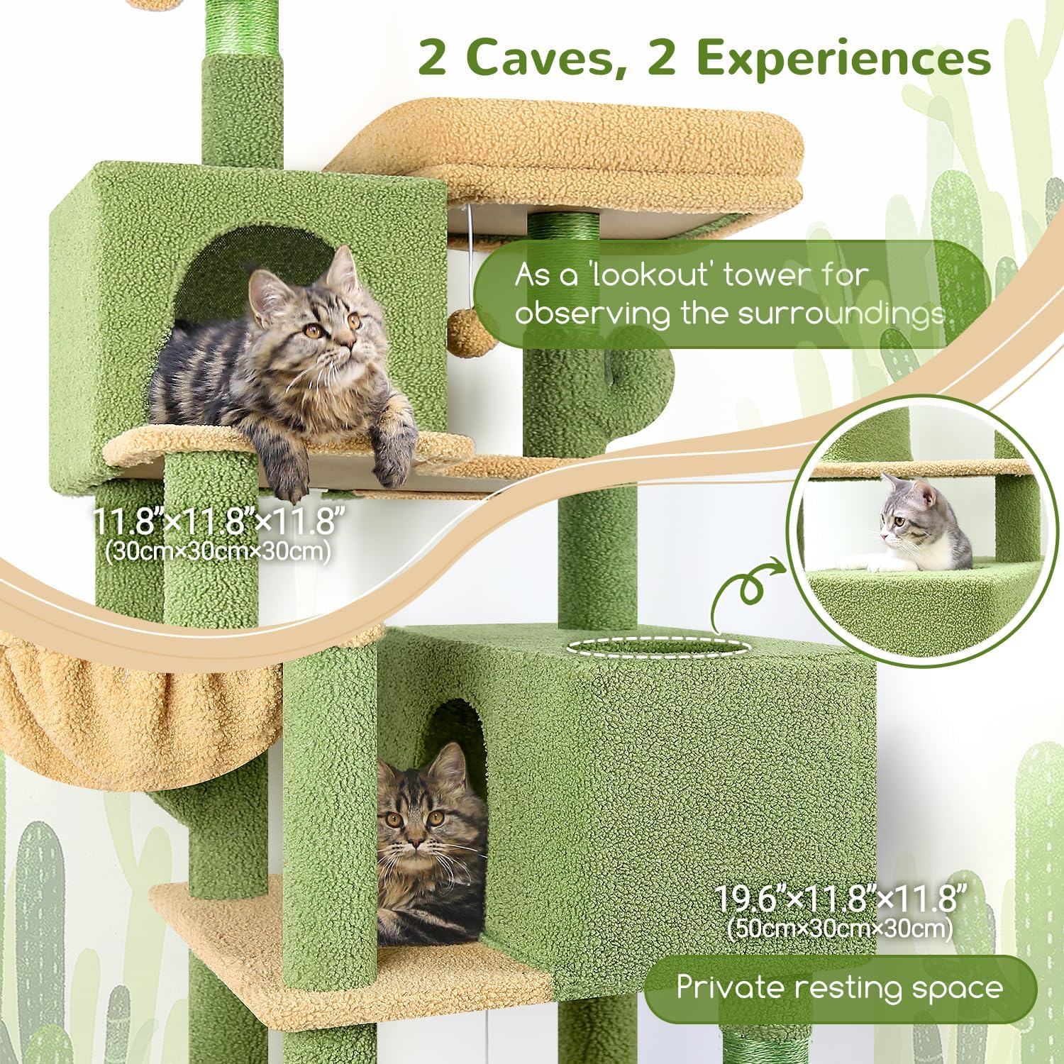 Globlazer F76 Cactus Cat Tree Tower 76-Inch Extra Tall Multi-Level Cat Furniture with Cozy Condos,Interactive Toys and Perches for Large Cats, Perfect for Climbing, Scratching, and Play, Green