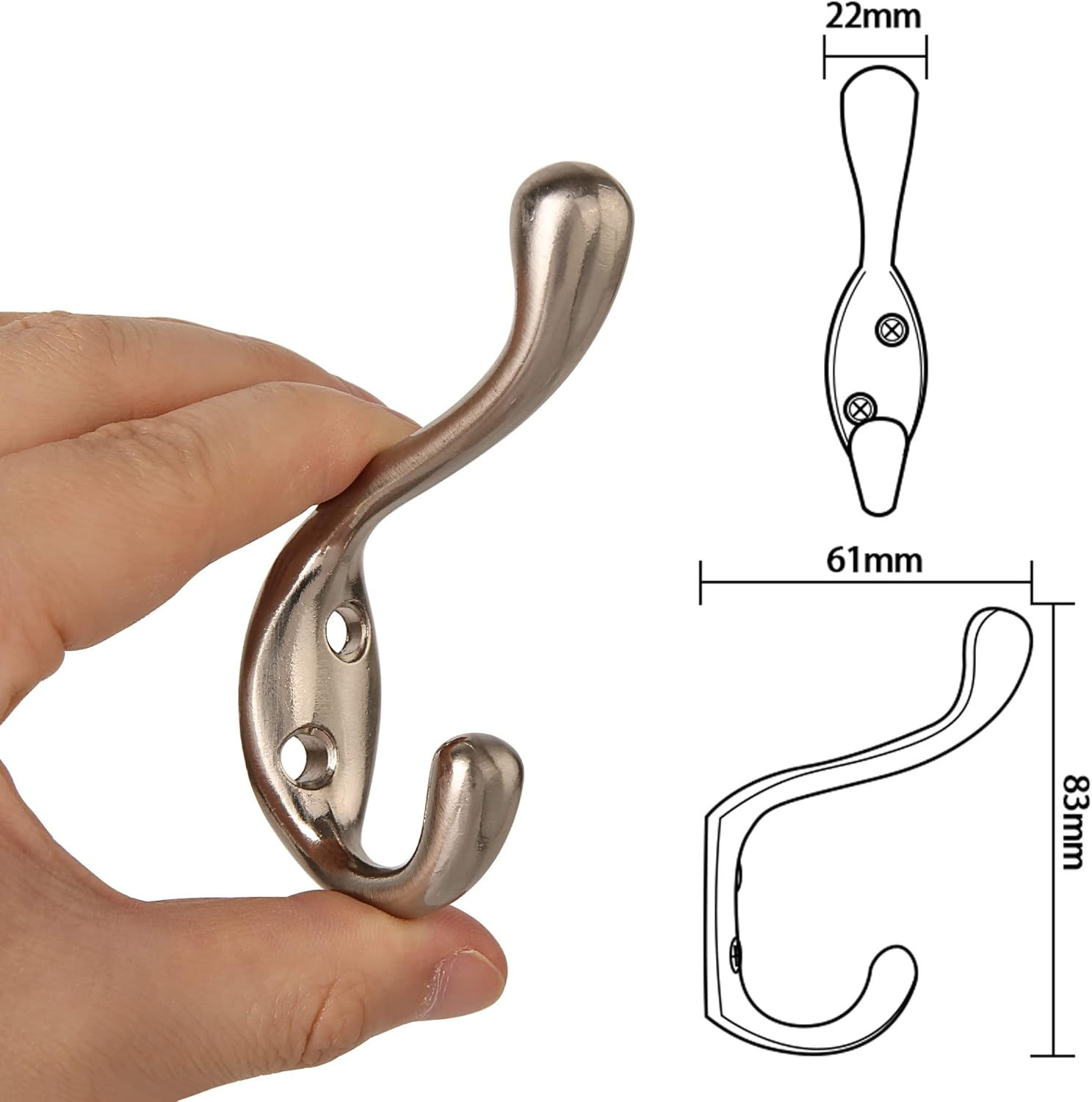 HASWARE 6 PCS Double Prong Robe Hook, Dual Coat Hooks Antique Wall Mounted Hooks Robe Vintage Hooks Hangers Heavy Duty with 12 Pieces Screws for Coats Hat Clothes Hanger Towel Keys (Satin Nickel) image number 5