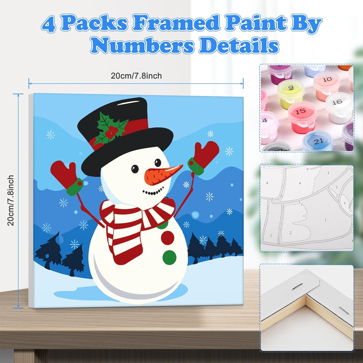 NAIMOER 4 Pack Framed Paint by Numbers Christmas for Adults Kids, DIY Painting by Numbers Gnome Snowman for Happy New Year, Art on Canvas Gifts Home Wall Decor 8X8In