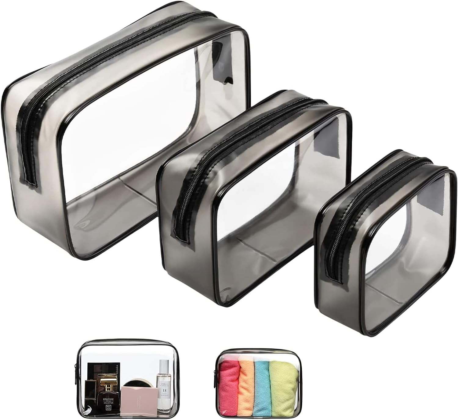 Set of 3 Clear Cosmetic Bags - Clear Travel Makeup Bags, Clear Toiletry Bags, Portable Clear Pouches, Transparent Travel Pouch Bags with Zipper for Women, Girl (Clear)