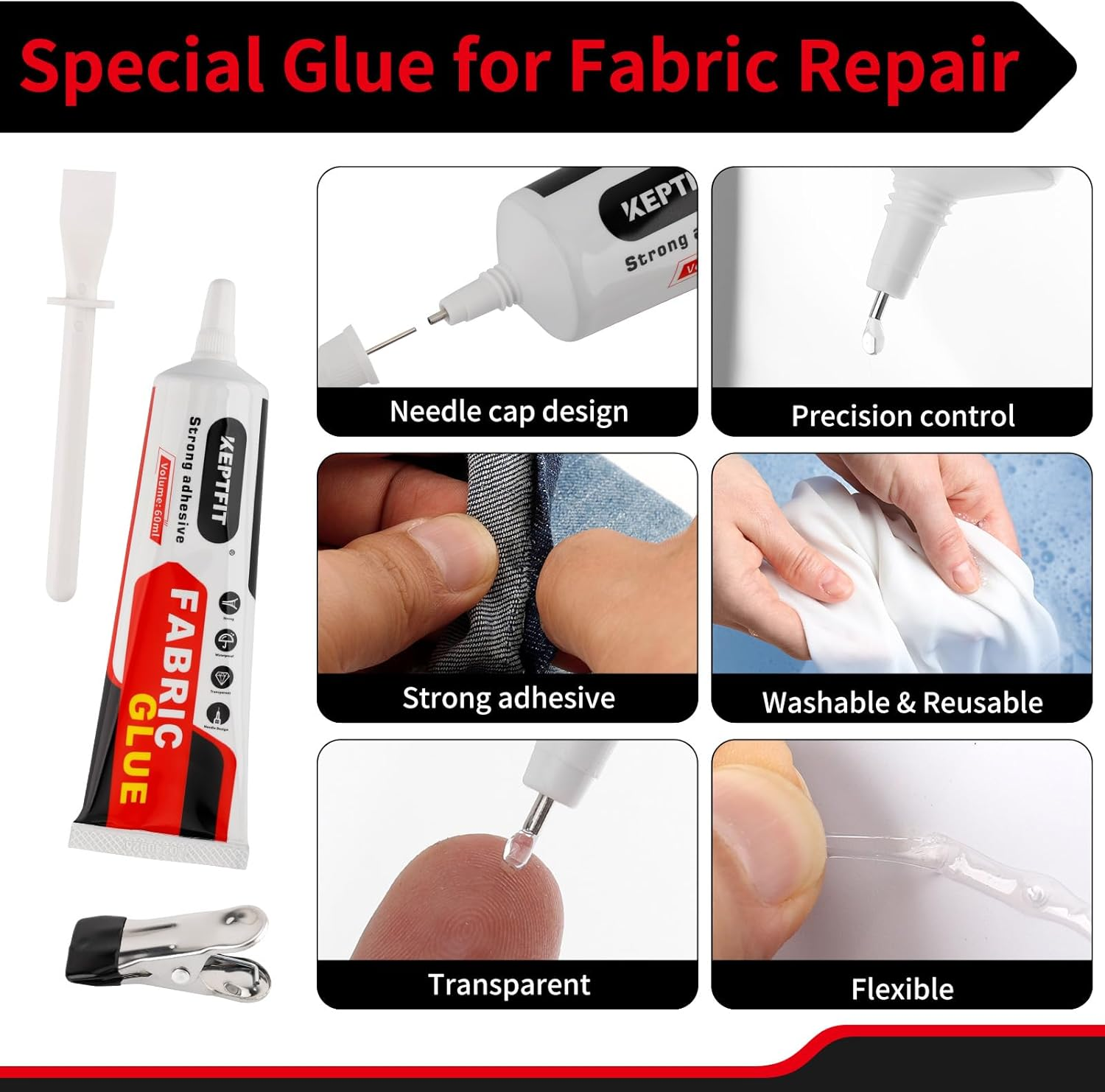 Fabric Glue Permanent, 60 ML Washable Clear Clothing Glue, Super Fabric Glue for Rhinestones, Patches, Clothes, Denim, Leather, Polyester, Fabrics, Doll Repair,No Sew Solution, Permanent Bond image number 5